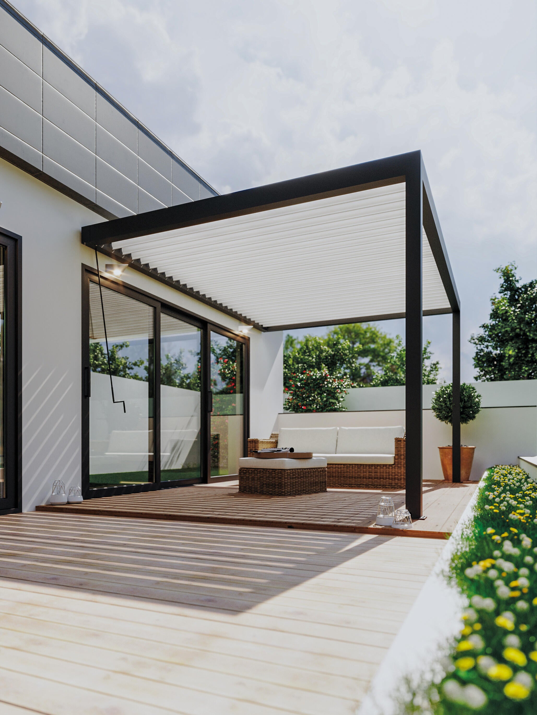 pergola de aluminio adosada con cubierta bolonia de 404 x 303 cm blanco