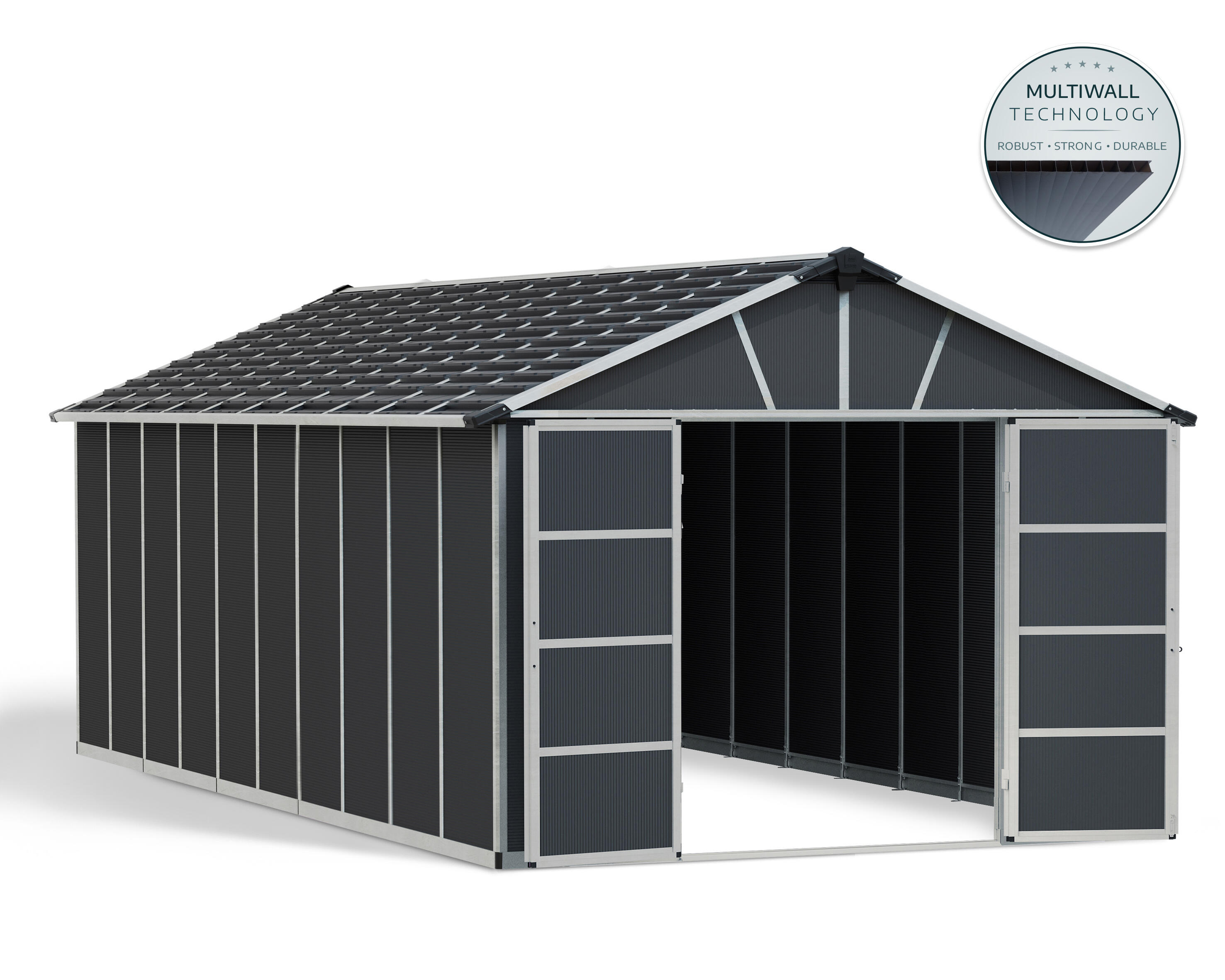 caseta de policarbonato yukon de 332x252x643 cm y 213 m2 con 10 mm espesor y doble puerta abatible canopia by palram
