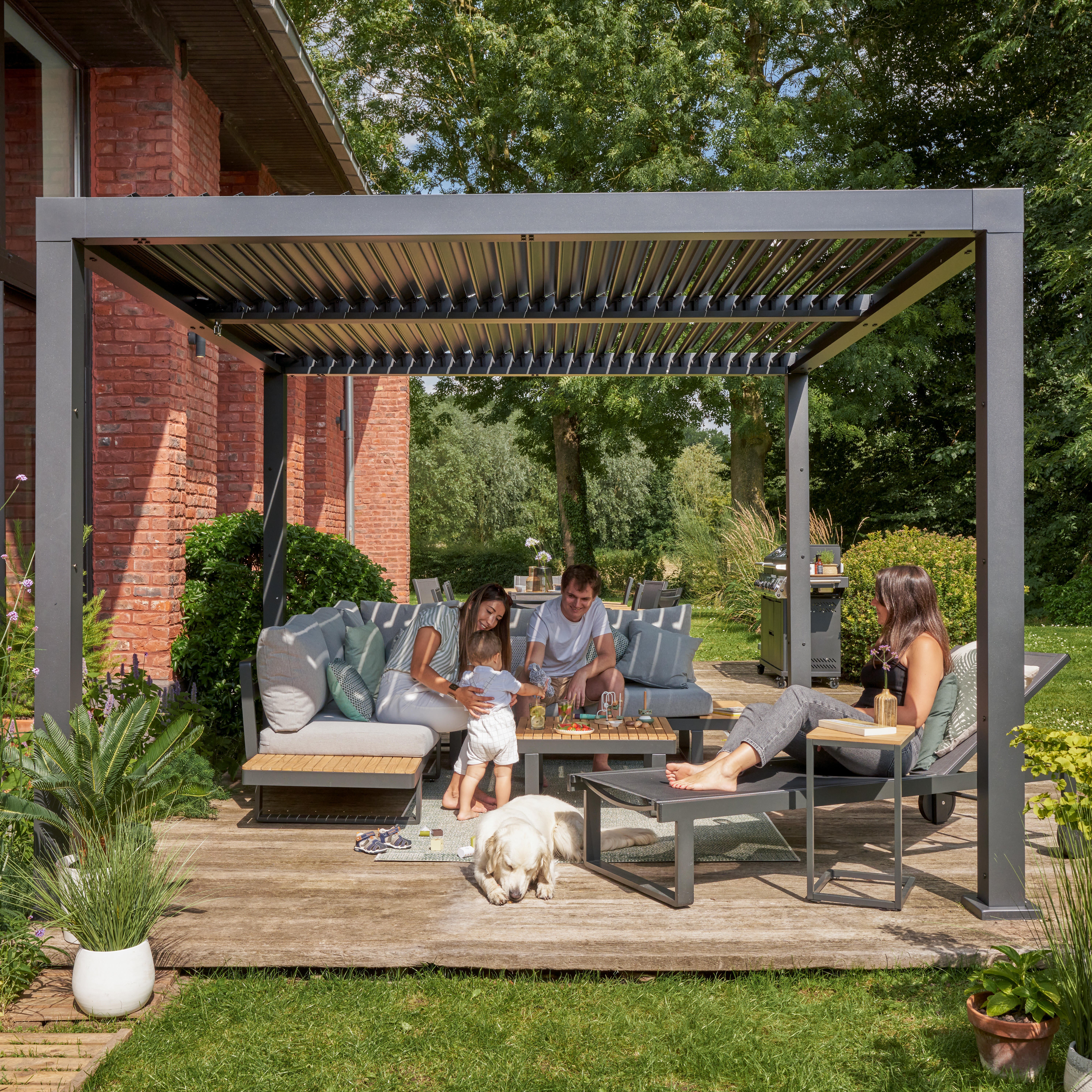 Pérgola bioclimática de aluminio naterial origin gris y lama gris oscuro de 358 x 313 x 229 cm manual