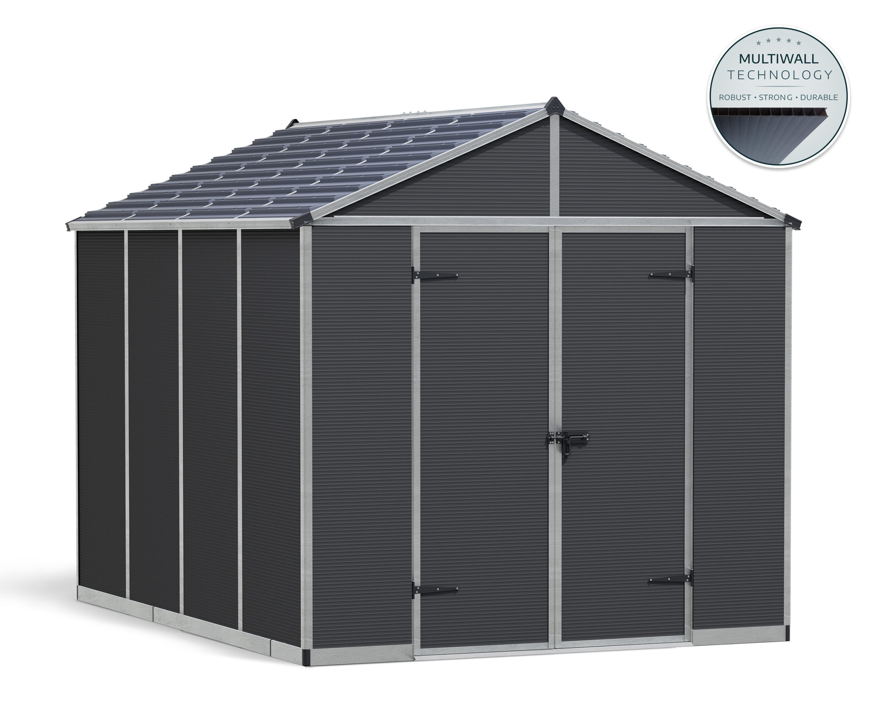 caseta de policarbonato rubicon de 2371x2346x3027 cm y 72 m2 con 10 mm espesor y doble puerta abatible canopia by palram