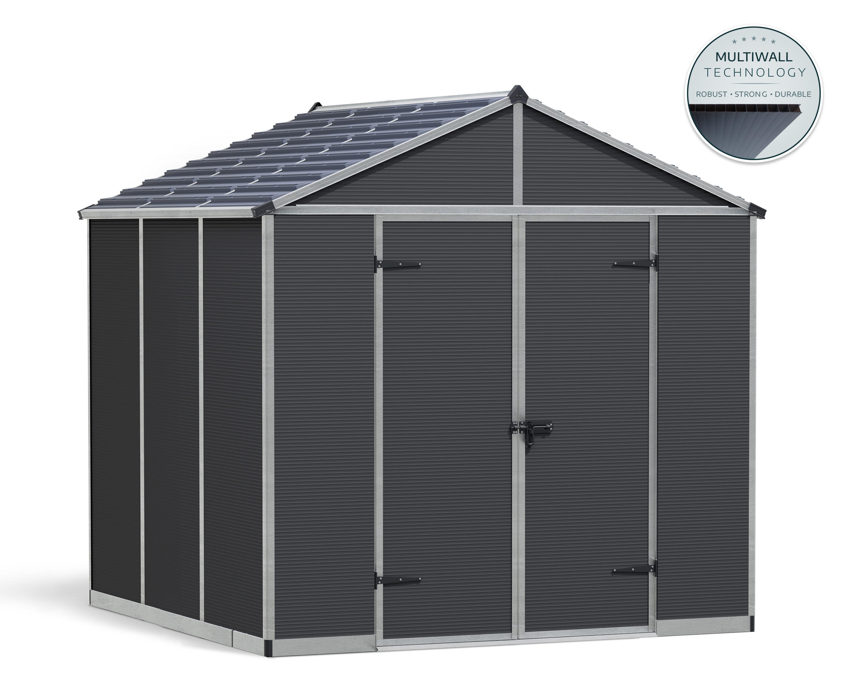 caseta de resina rubicon de 237x2346x2286 cm y 54 m2 con 10 mm espesor y doble puerta abatible canopia by palram