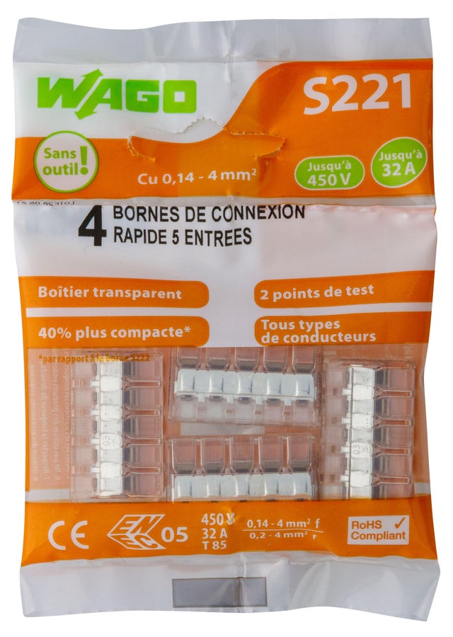 Borne de connexion S221 5 entrées lot de 4 - WAGO