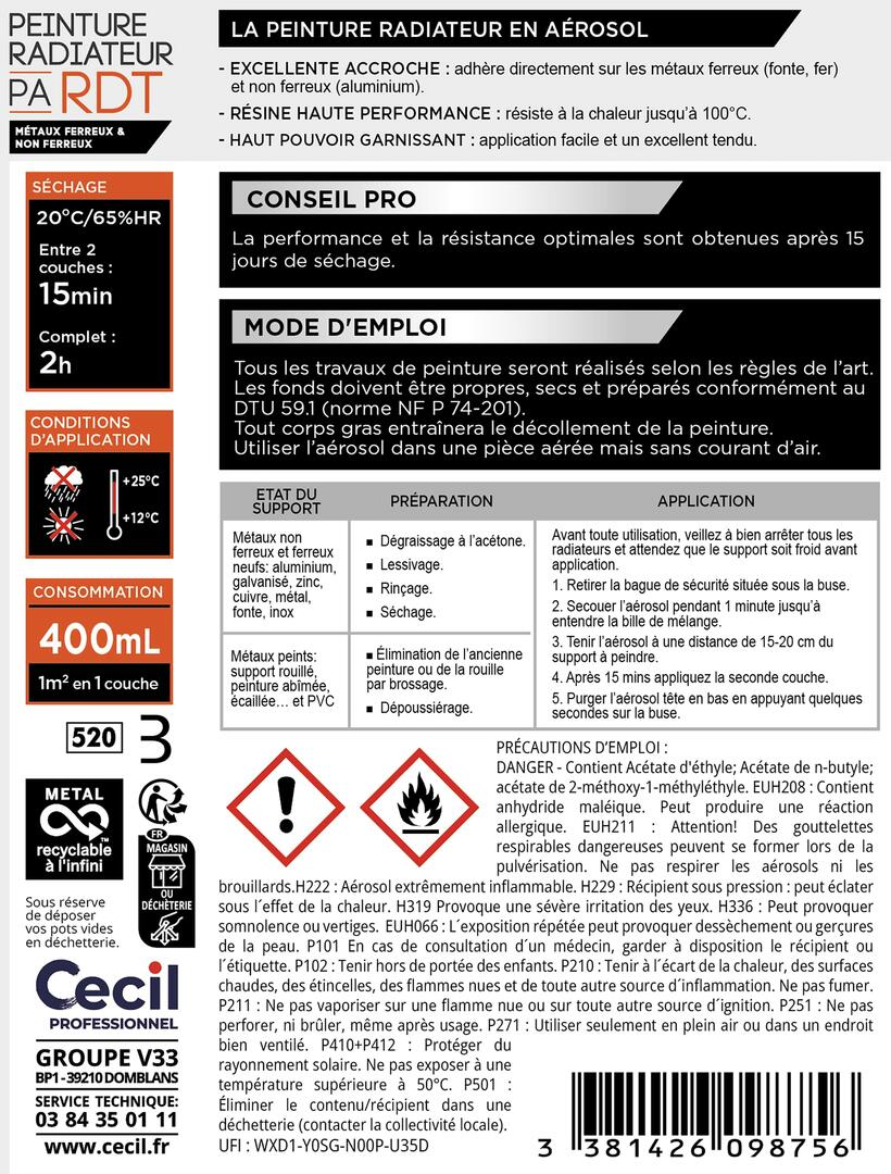 Peinture aérosol pour radiateur blanc 400 ml - CECIL PRO - 2