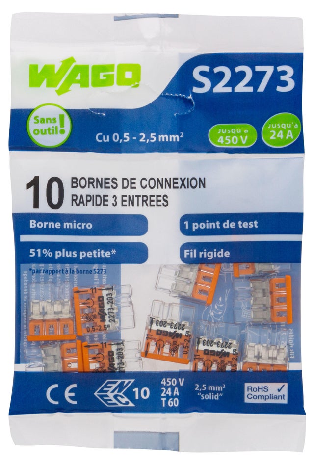 Borne de connexion S2273 3 entrées lot de 10  - WAGO