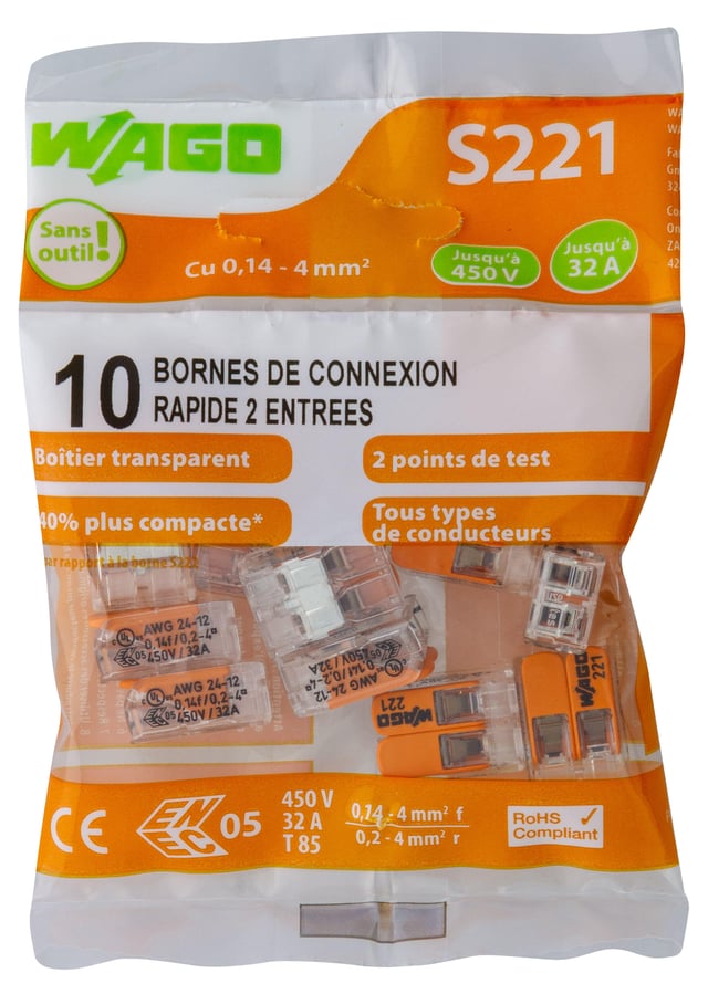 Borne de connexion S221 2 entrées lot de 10  - WAGO