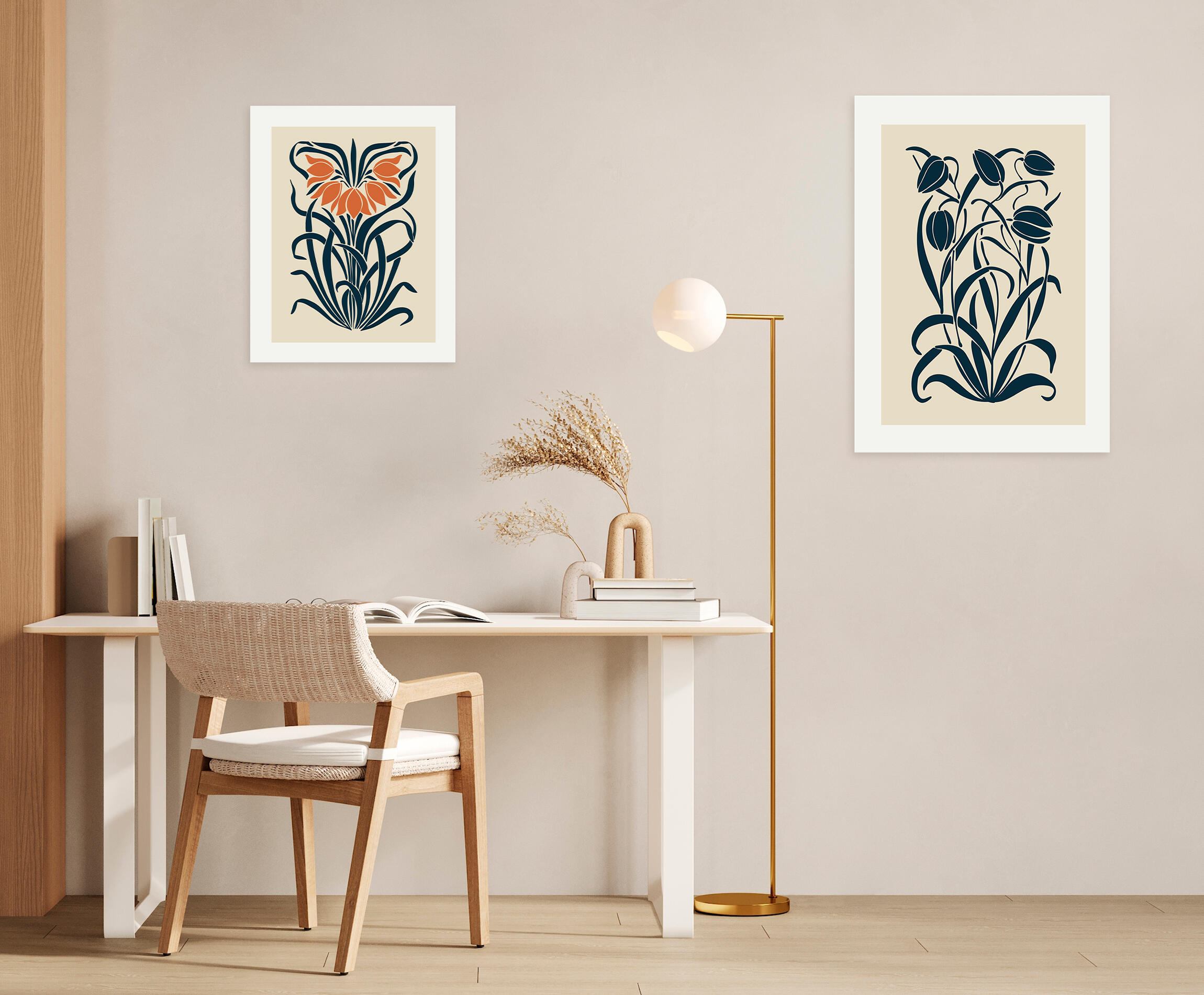 Pintura impresa sin marco Botánico rectangular de 50 x 70 cm. MDF Botánico Floral Retro pasteles cálidos - 7