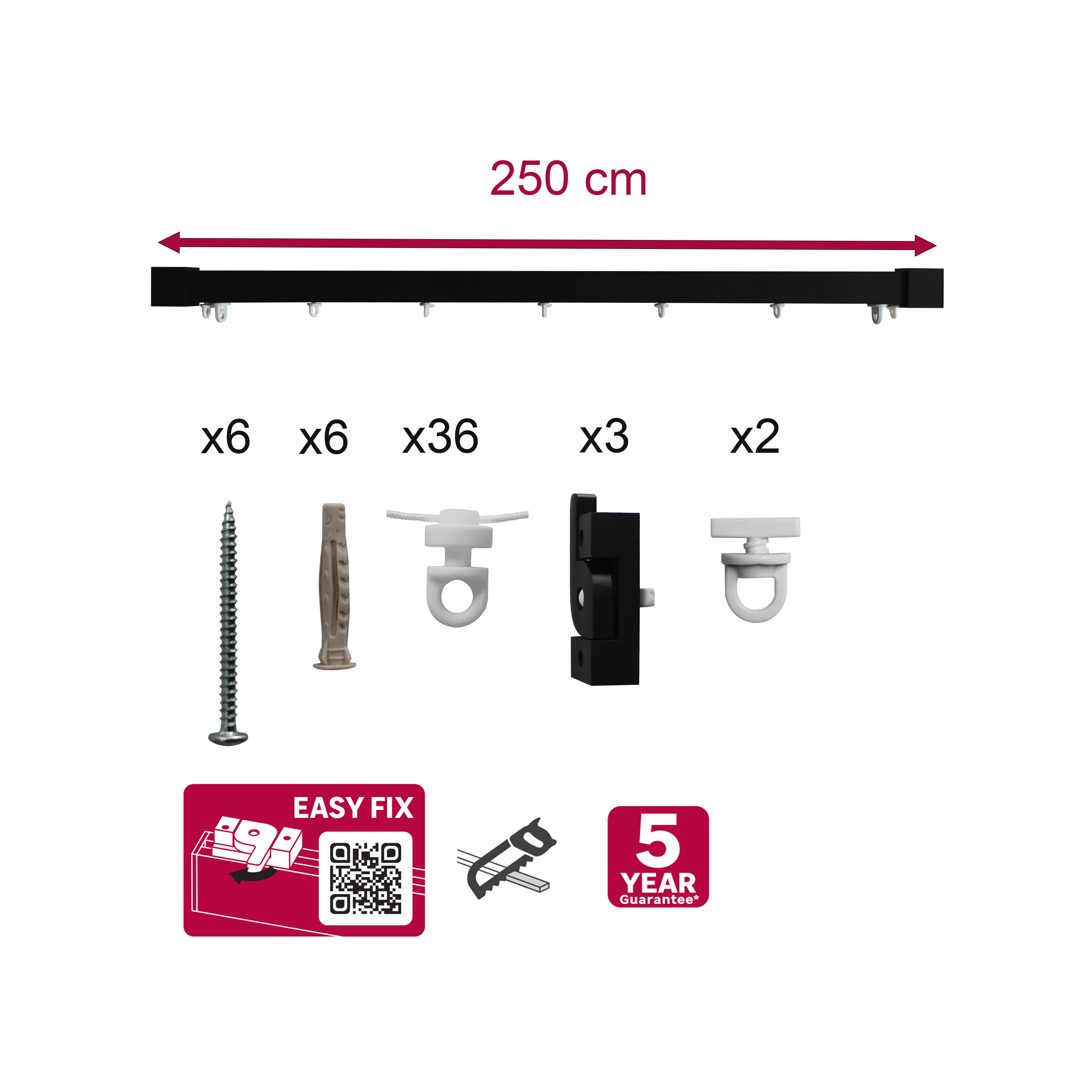 Kit de rail à rideaux aluminium Kuala noir, 250 cm - 4