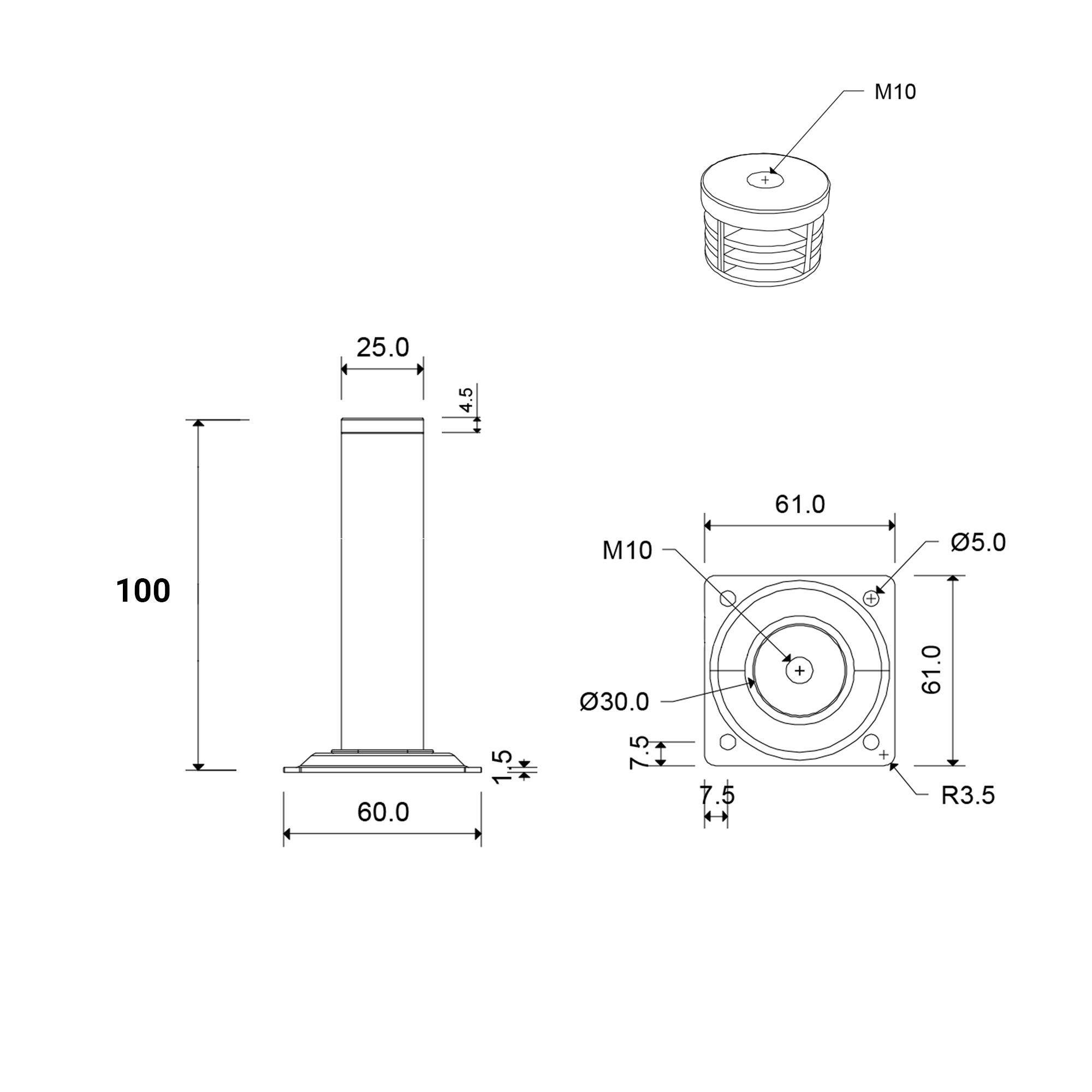 Piede per mobili REI 2-400G.100.03 in acciaio nero lucido  L 2.5 x P 2.5 x H 10 cm - 6