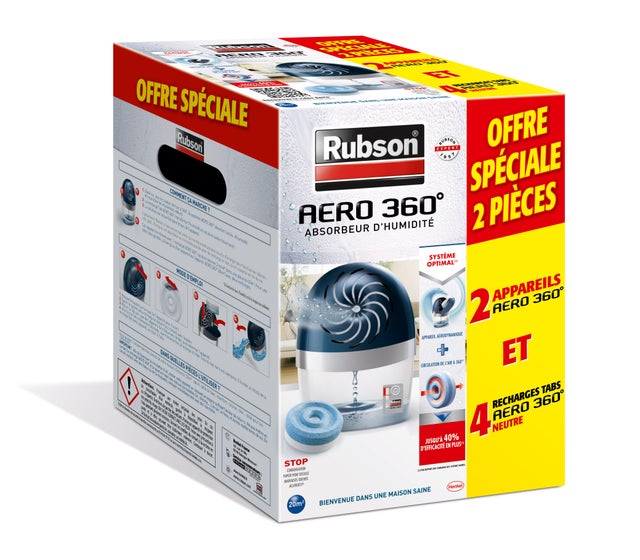Lot de 2 absorbeurs d'humidité avec 4 recharges tablette RUBSON Aéro 360°, 20 m²