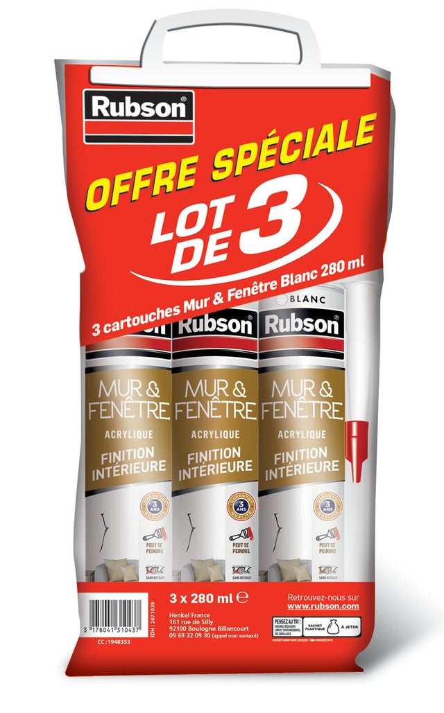 Lot de 3 mastics d'étanchéité Murs et fenêtres RUBSON blanc 280ml