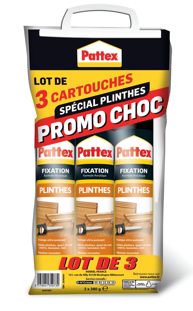 Lot de 3 cartouches colle bois plinthes blanc PATTEX 380g