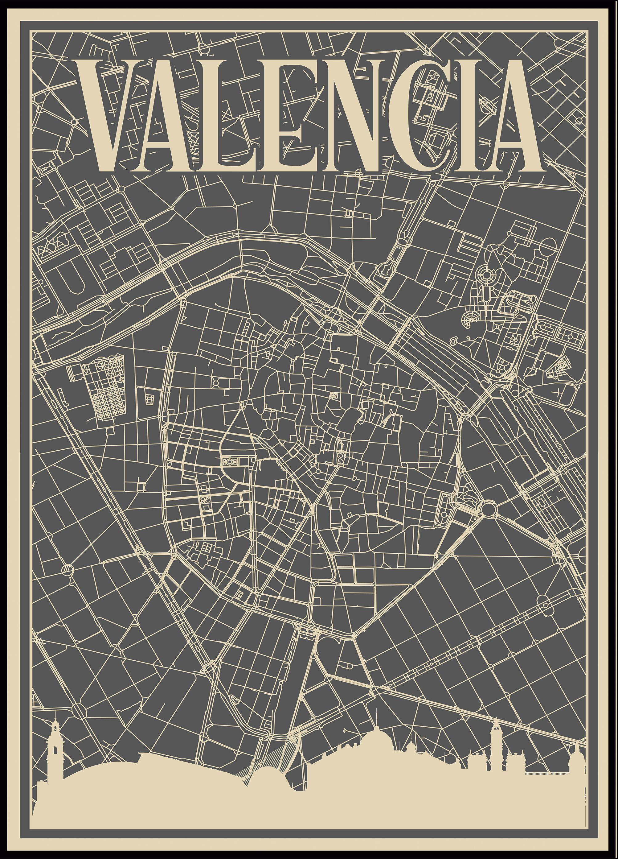 Cuadro pintura impresa enmarcada Urban City rectangular de 51 x 71 cm. MDF Mapa Callejero Valencia negro. Marco color negro - 2