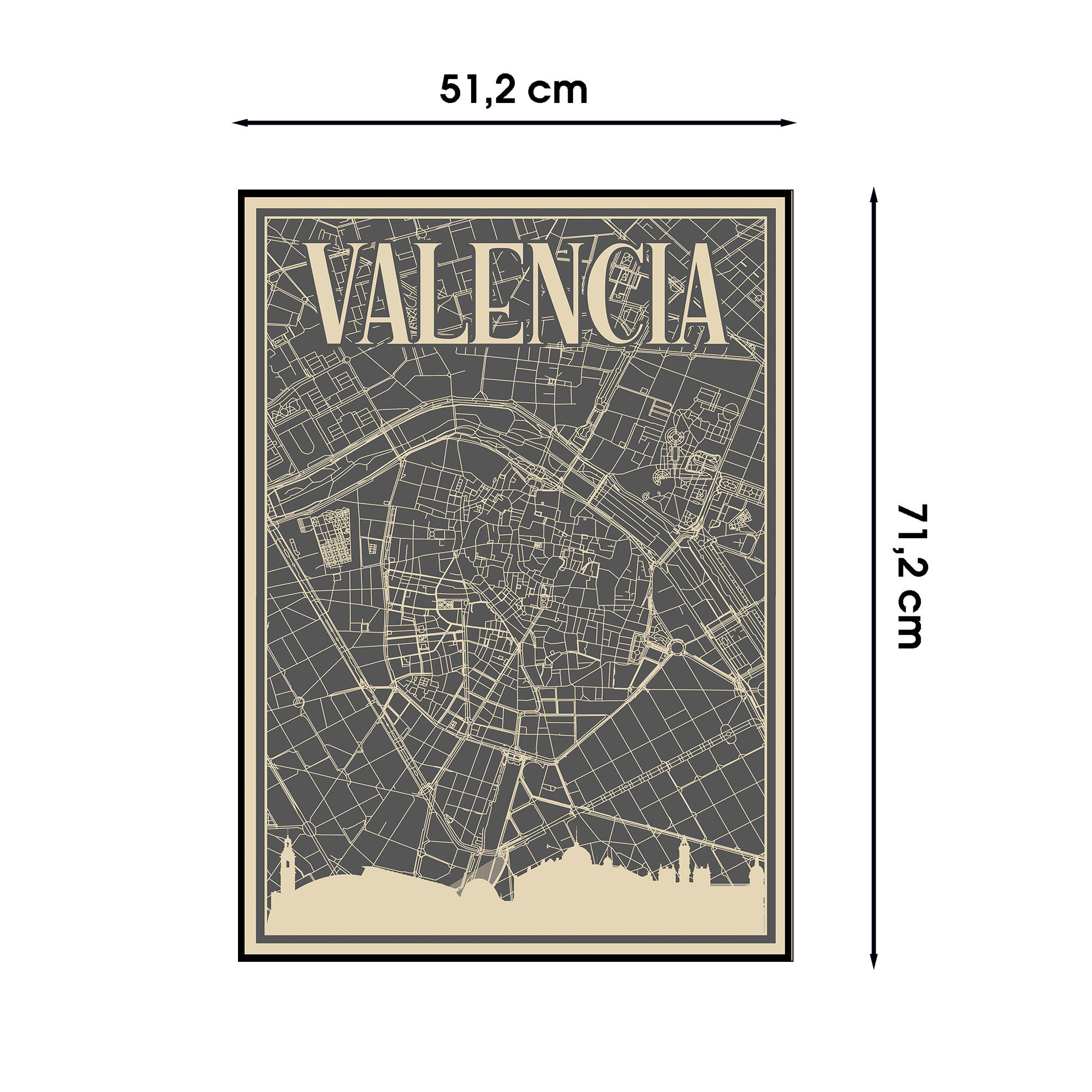 Cuadro pintura impresa enmarcada Urban City rectangular de 51 x 71 cm. MDF Mapa Callejero Valencia negro. Marco color negro - 3
