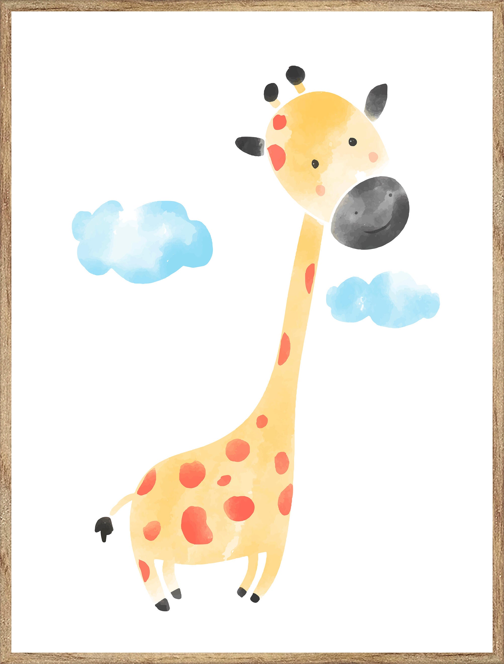Cuadro pintura impresa enmarcada Infantil rectangular de 31 x 41 cm. MDF Jirafa y nubes haya G tostado. Marco color Haya - 2