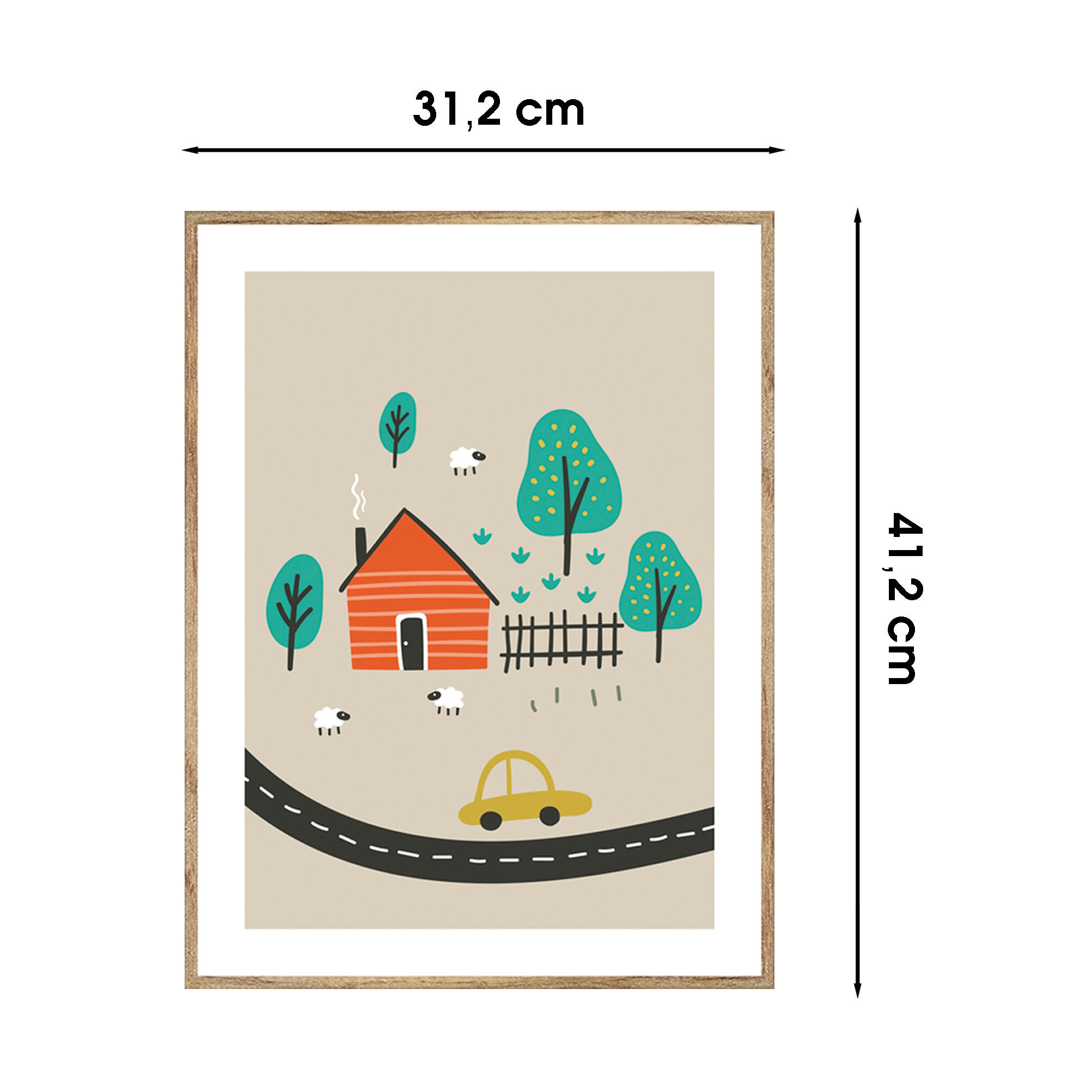 Cuadro pintura impresa enmarcada Infantil rectangular de 31 x 41 cm. MDF Carretera casa haya, tostado. Marco color Haya - 3