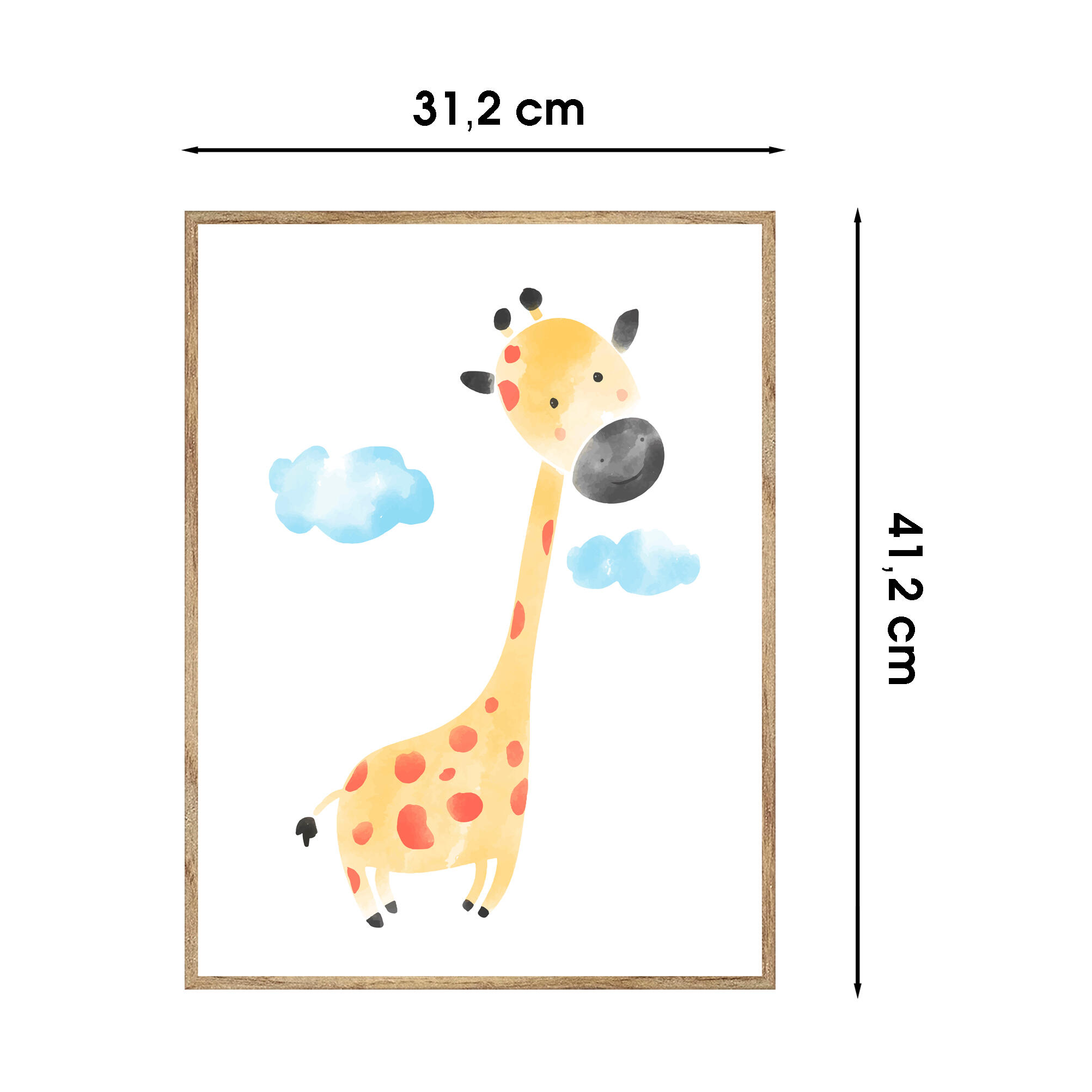 Cuadro pintura impresa enmarcada Infantil rectangular de 31 x 41 cm. MDF Jirafa y nubes haya G tostado. Marco color Haya - 3