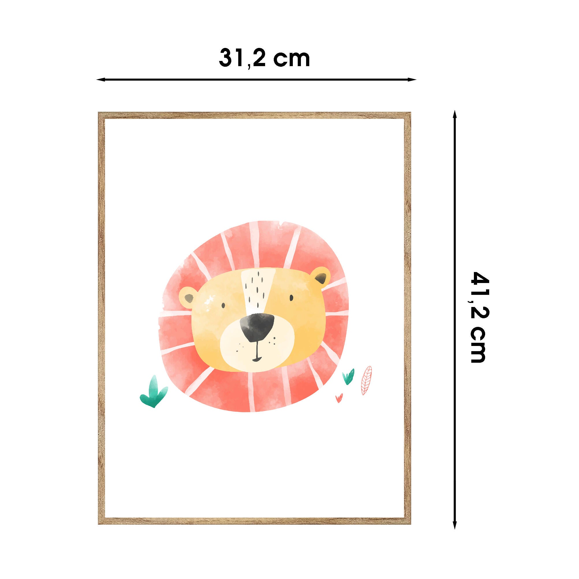 Cuadro pintura impresa enmarcada Infantil rectangular de 31 x 41 cm. MDF Cara León colores haya, tostado. Marco color Haya - 3