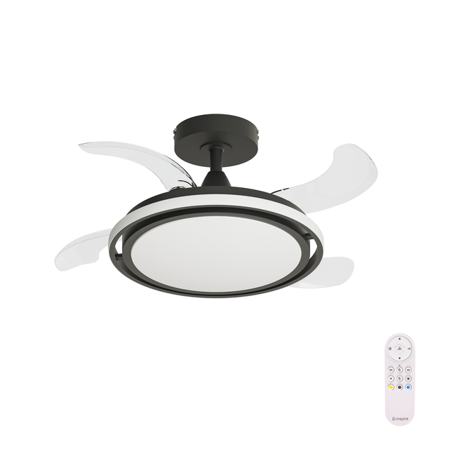 Ventilador de techo con luz silencioso DC 40W con mando ø91 cm Rosak negro luz CCT 4 aspas retráctiles tipo lámpara| 6 velocidades| modo verano/invierno| temporizador| brisa| recomendado para <13m²