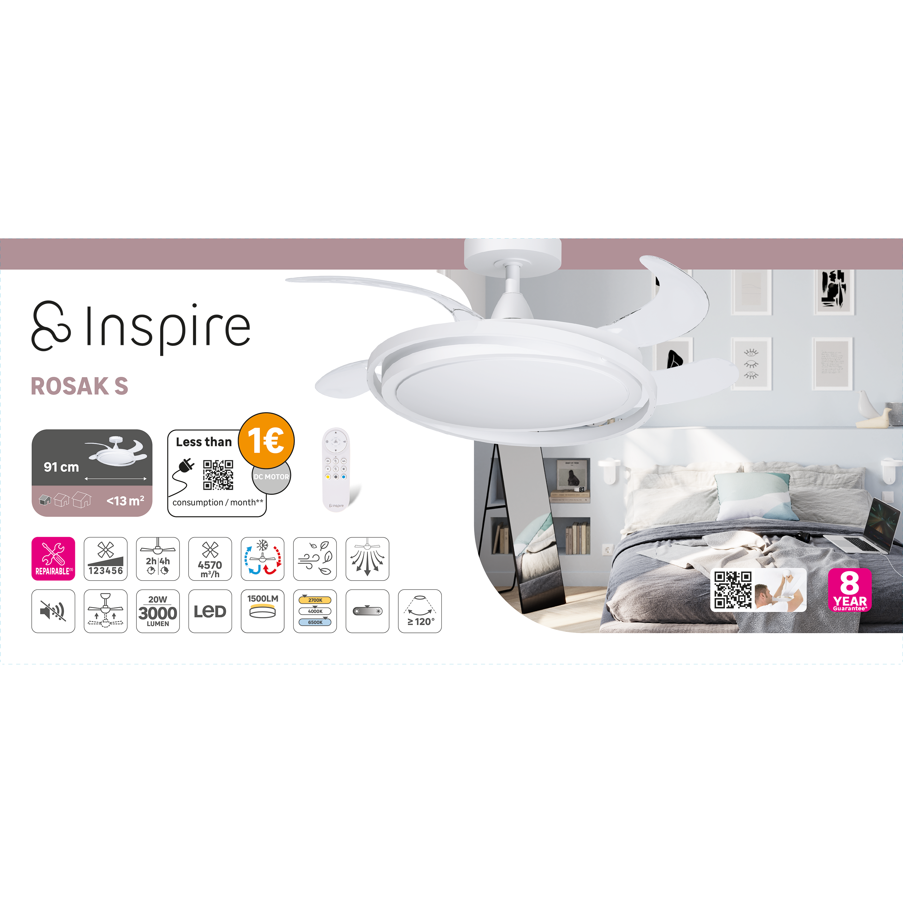 Ventilador de techo con luz silencioso DC 40W con mando ø91 cm Rosak blanco luz CCT 4 aspas retráctiles tipo lámpara| 6 velocidades| modo verano/invierno| temporizador| brisa| recomendado para <13m² - 11