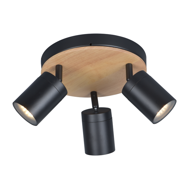 Plafonnier 3 spots salle de bain Malabe GU10 max 10W, bois /métal noir, INSPIRE