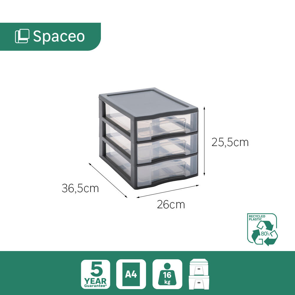 Bloco de 3 gavetas PVC transparente e cinza 36,5x26x25,5cm Spaceo - 6