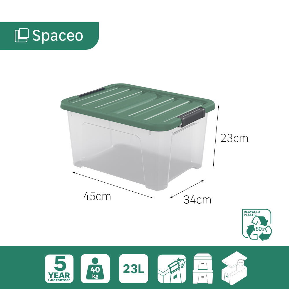 Caixa de arrumação PVC transparente com tampa verde 23L 45x34x23 cm Spaceo - 8