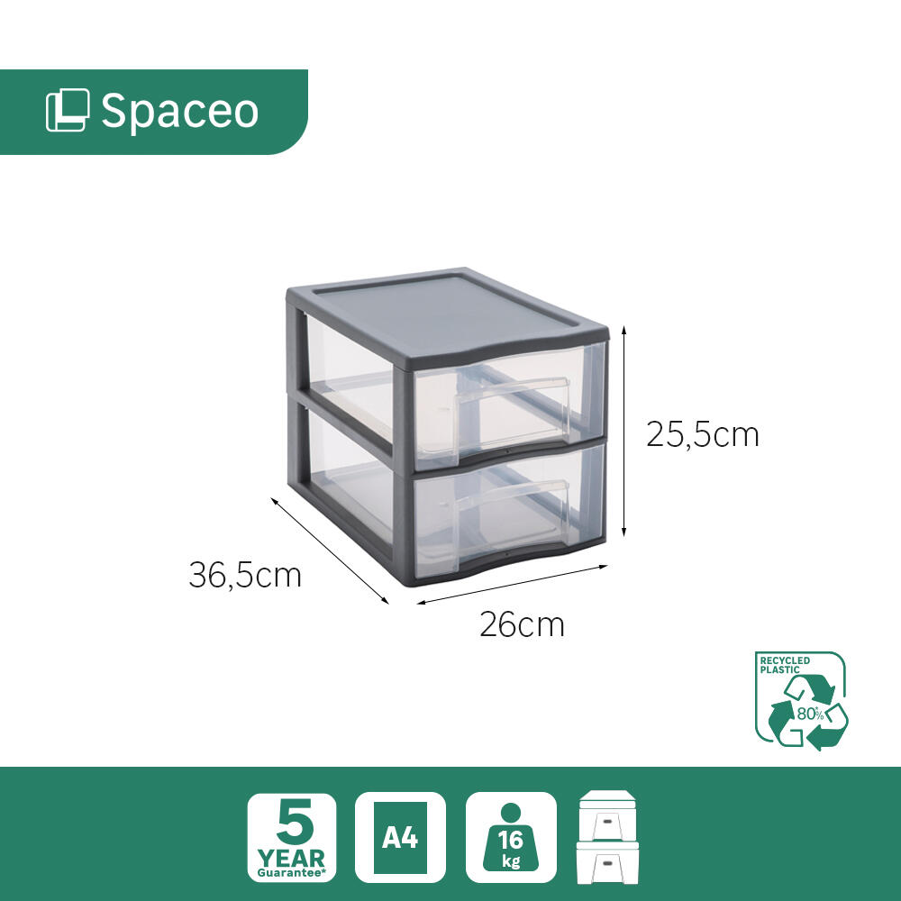 Bloco de 2 gavetas PVC transparente e cinza 36,5x26x25,5cm Spaceo - 6