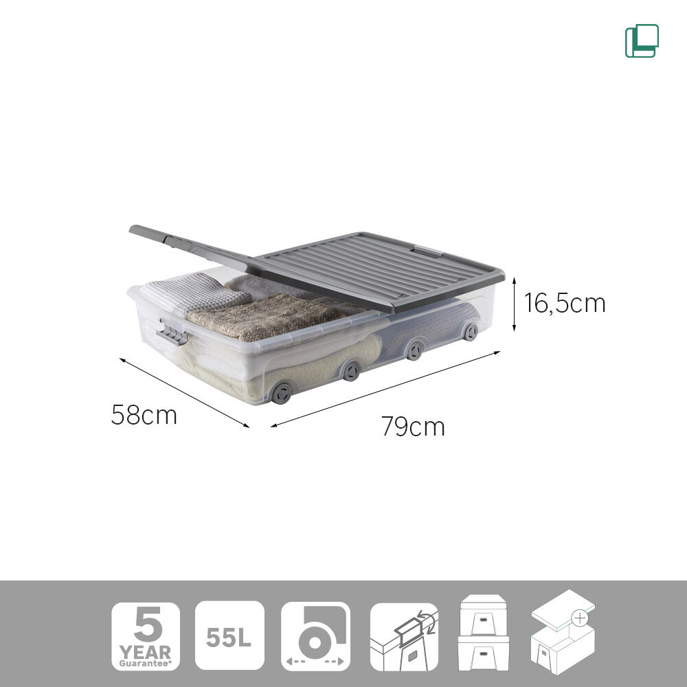 Caixa de arrumação por baixo da cama 55L cinzento - 12