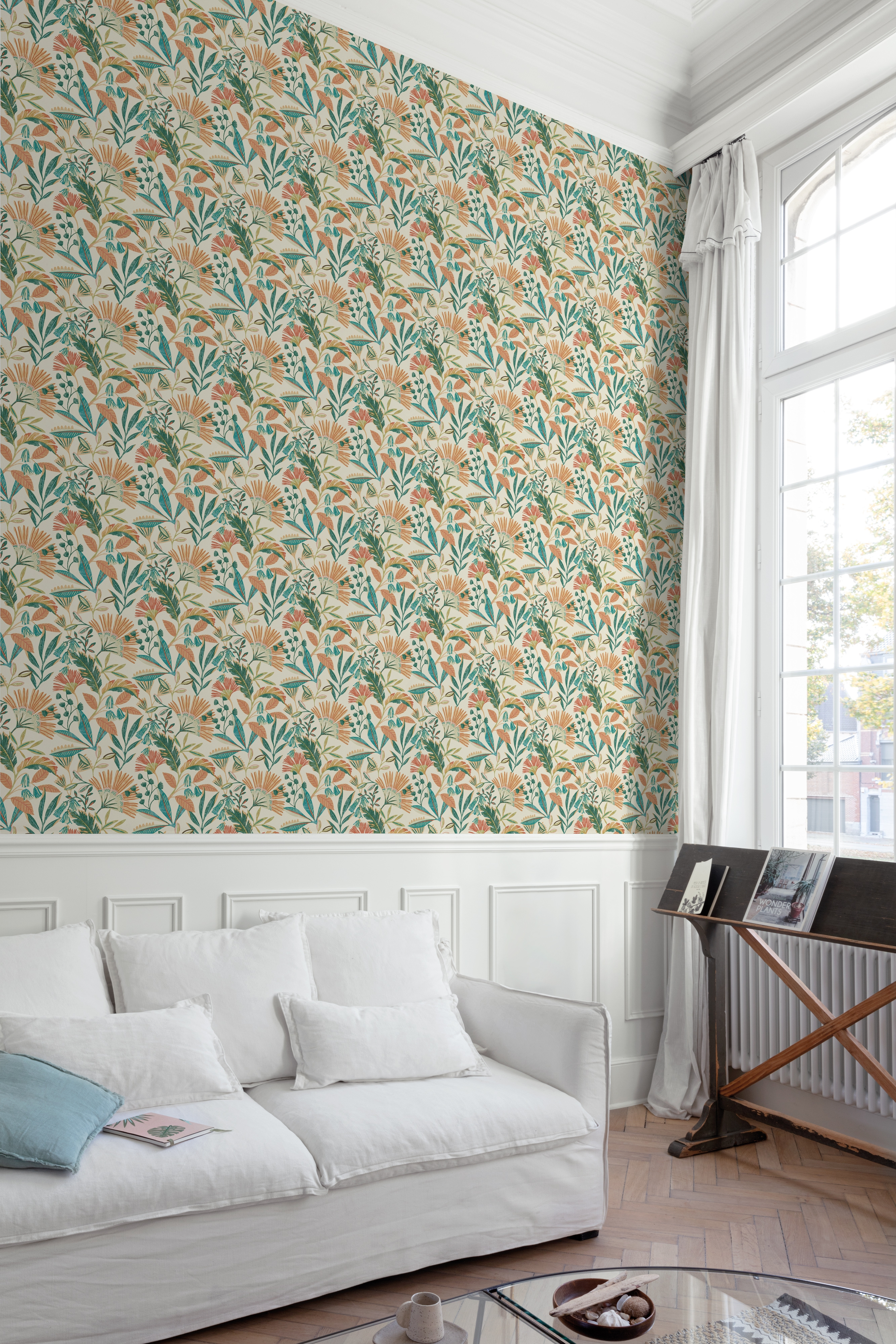 Papel pintado tnt aplicación cola en pared geométrico allegra naranja grandeco 53cmx10.05m superlavable