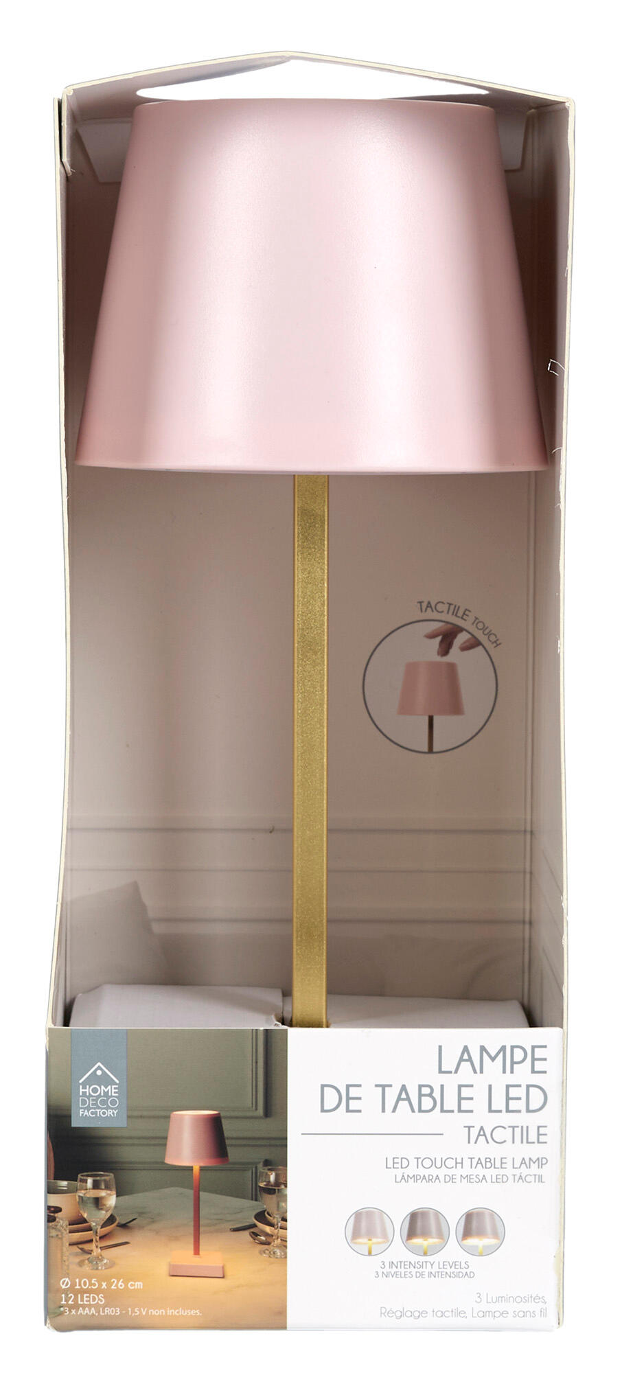 Lámpara de mesa táctil LED con control de la intensidad de la luz THE HOME DECO FACTORY con estructura rosa pantalla rosa luz cálida 3000K de pilas - 6