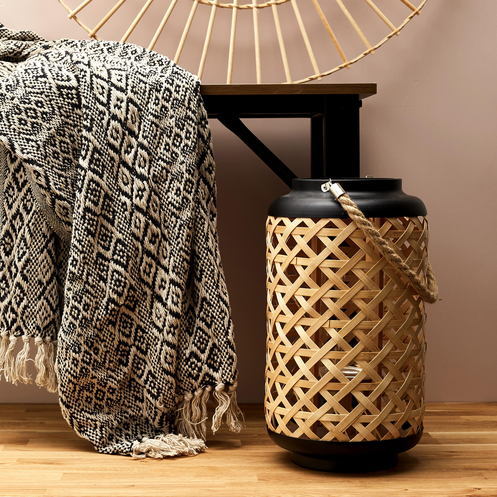 Farol decorativo bambú/negro para vela 21x38.5 cm