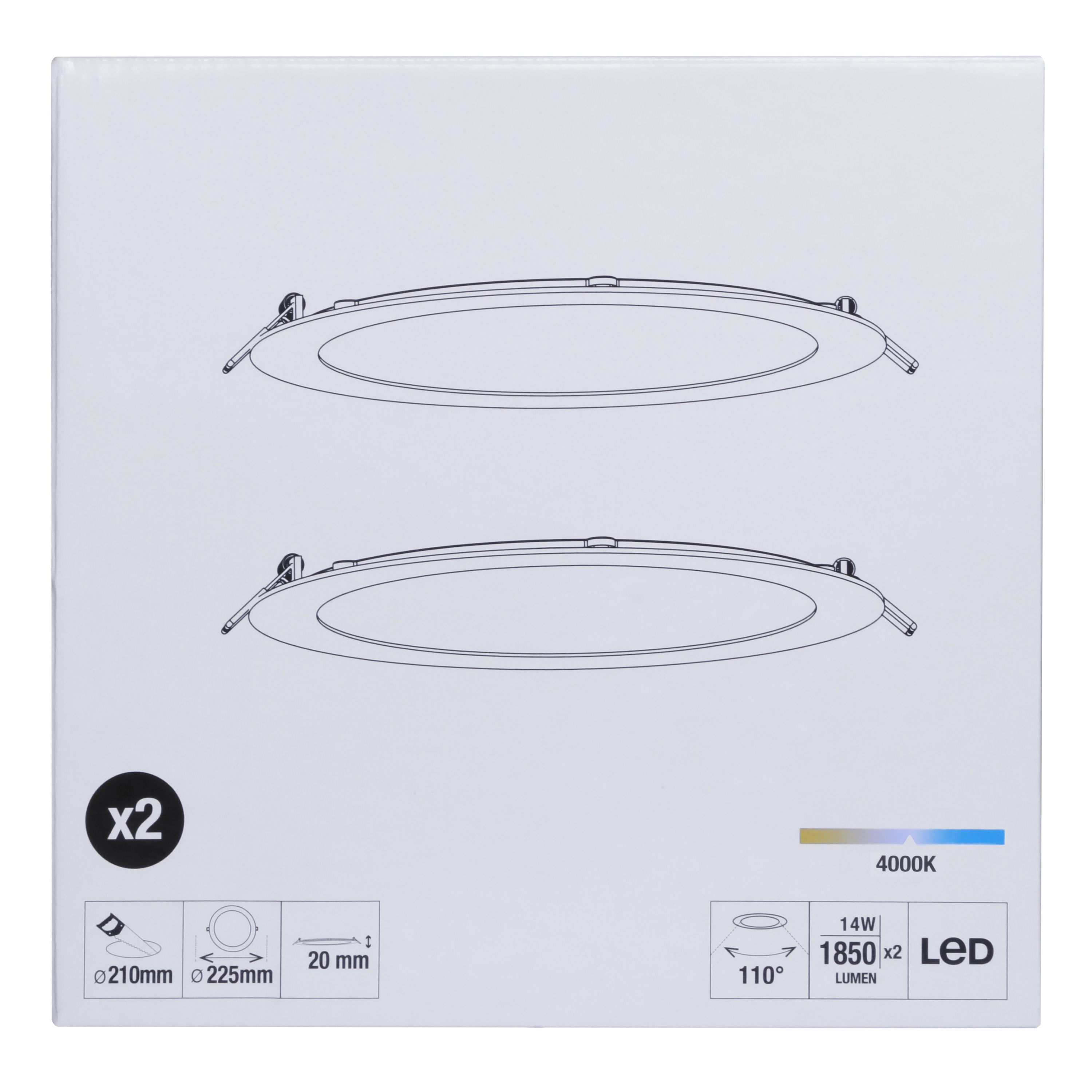 Pack de 2 downlight LED empotrable blanco redondo ø22.5 cm 1850 lm 14 W luz blanco neutro 4000K IP20 - Foco LED empotrado para techos - 3