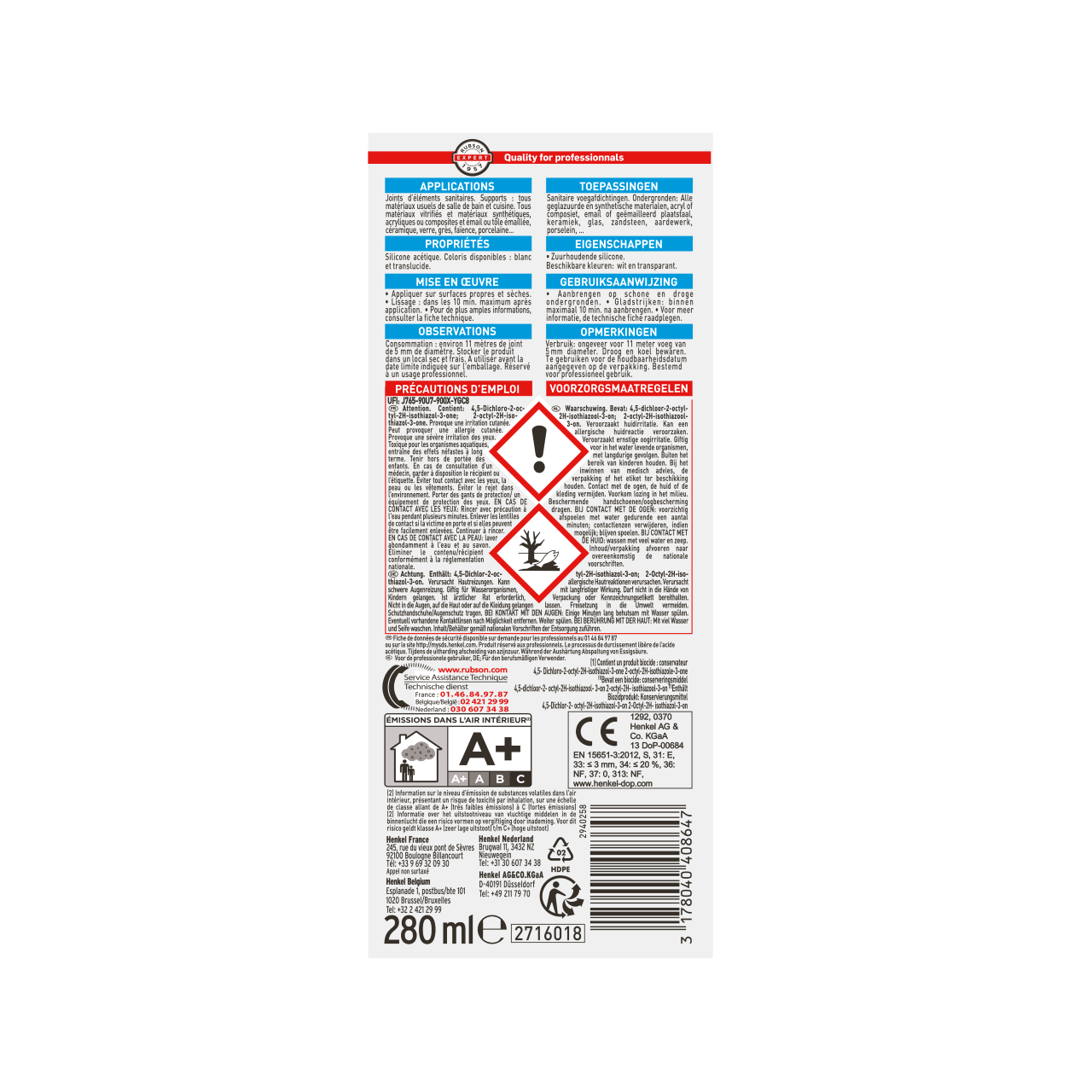 Silicone Sa2 sanitaire RUBSON transparent, 280 ml - 5