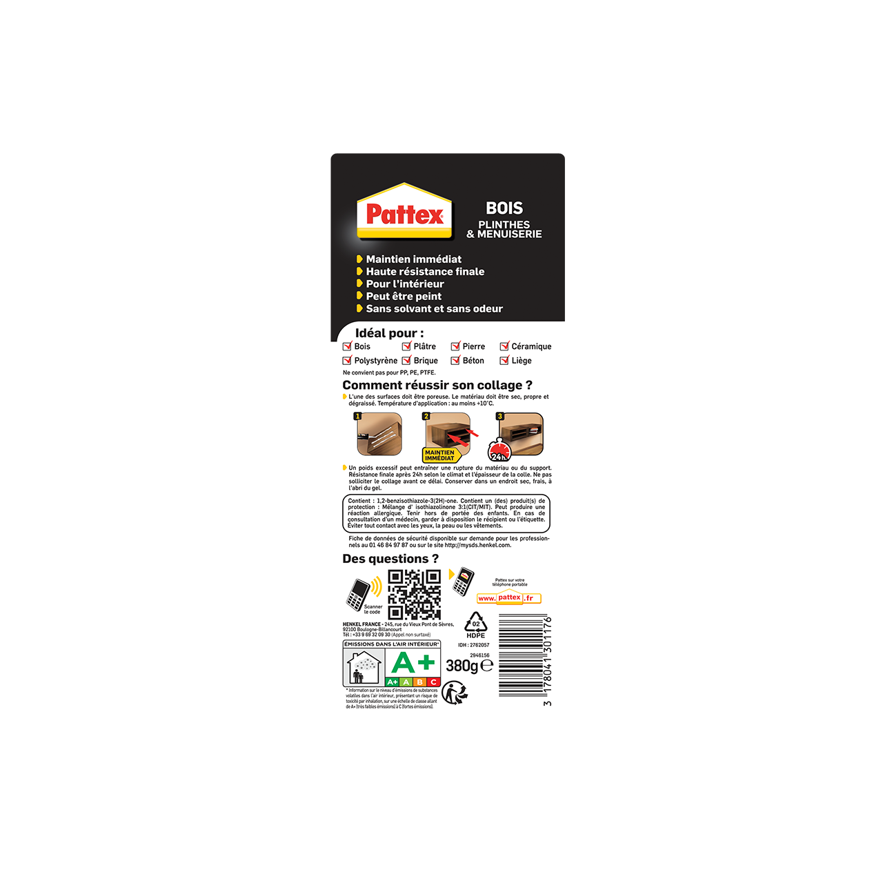 Colle de fixation pâte acrylique Bois PATTEX, 380 g blanc - 9