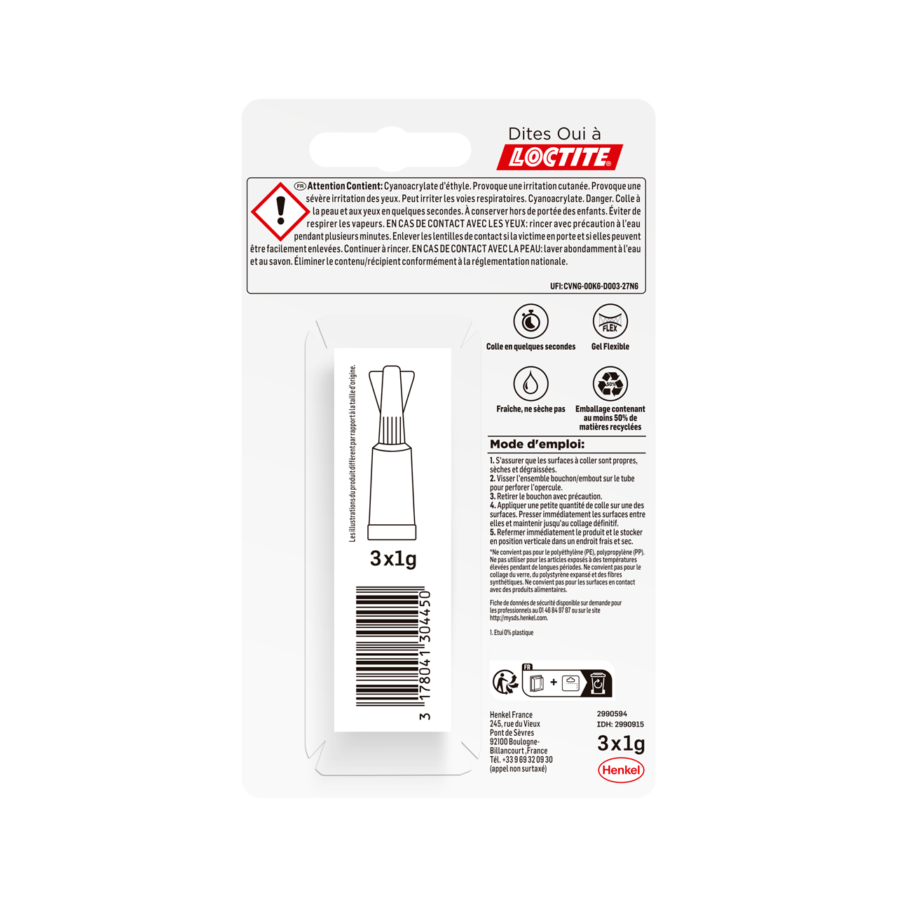 Lot 3 colle d'assemblage gel cyanoacrylate LOCTITE Superglue3 power transp, 1g - 8