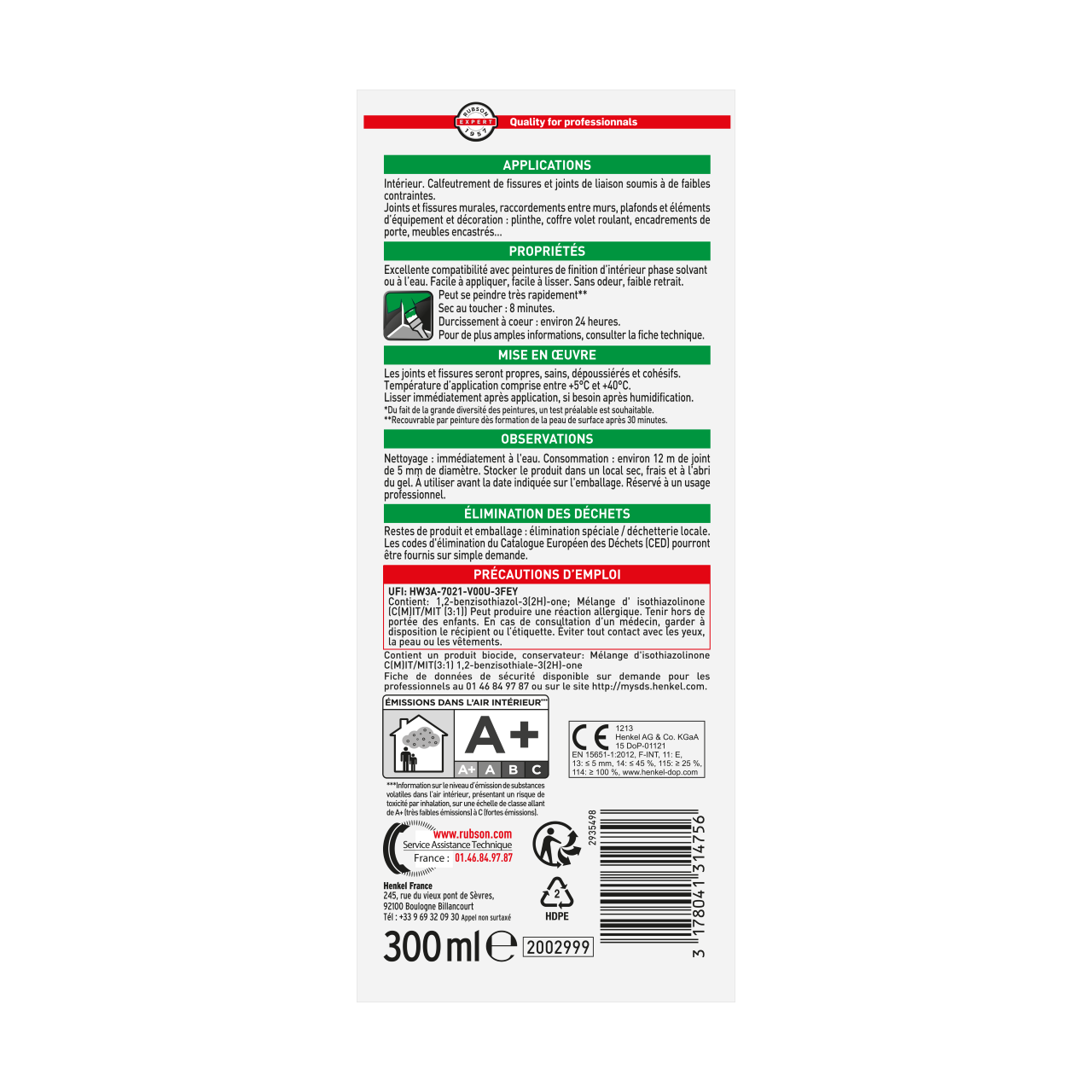 Mastic d'étanchéité Ap30 peintre et plaquiste RUBSON blanc 300ml - 7