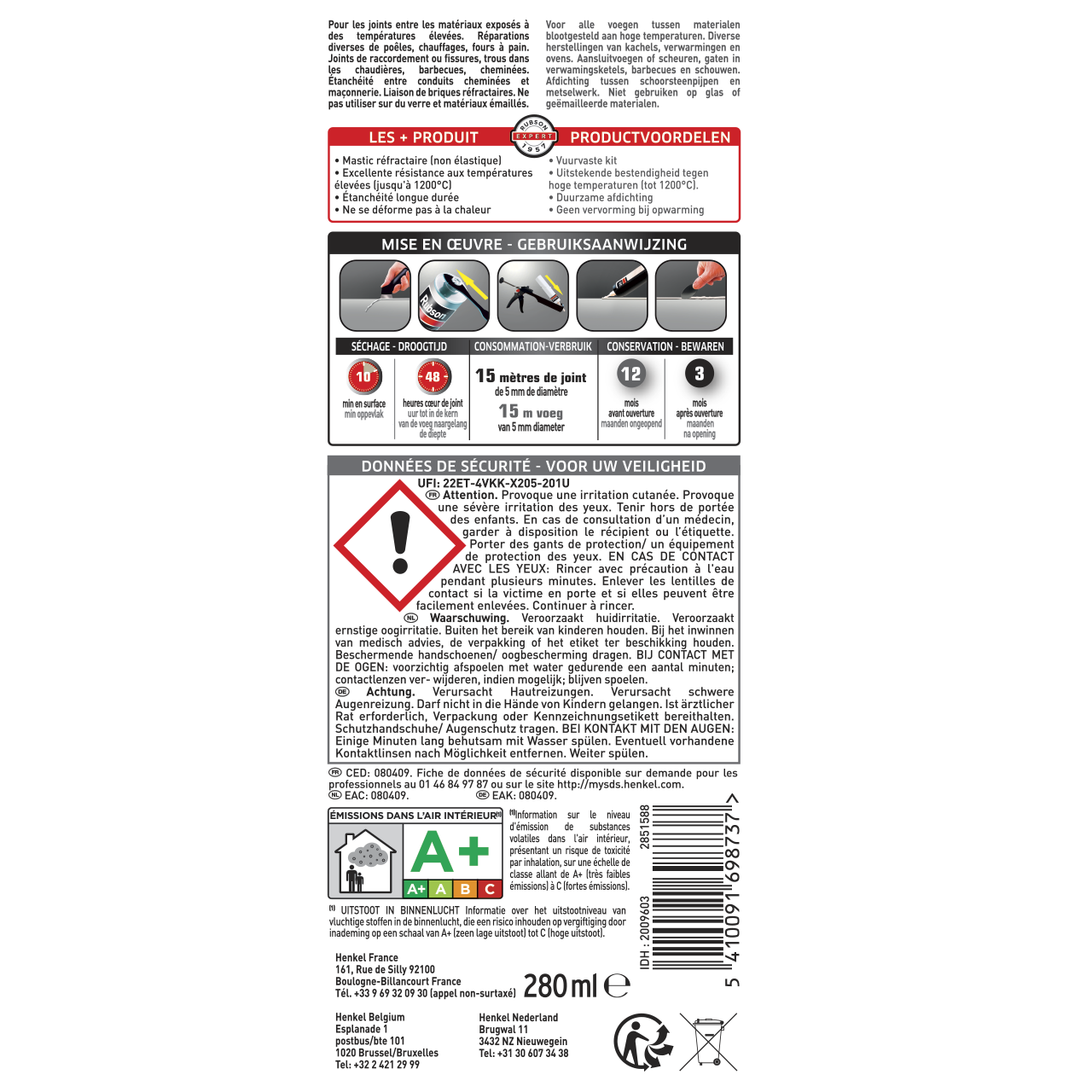 Mastic d'étanchéité Spécial hautes températures RUBSON noir, 280 ml - 7