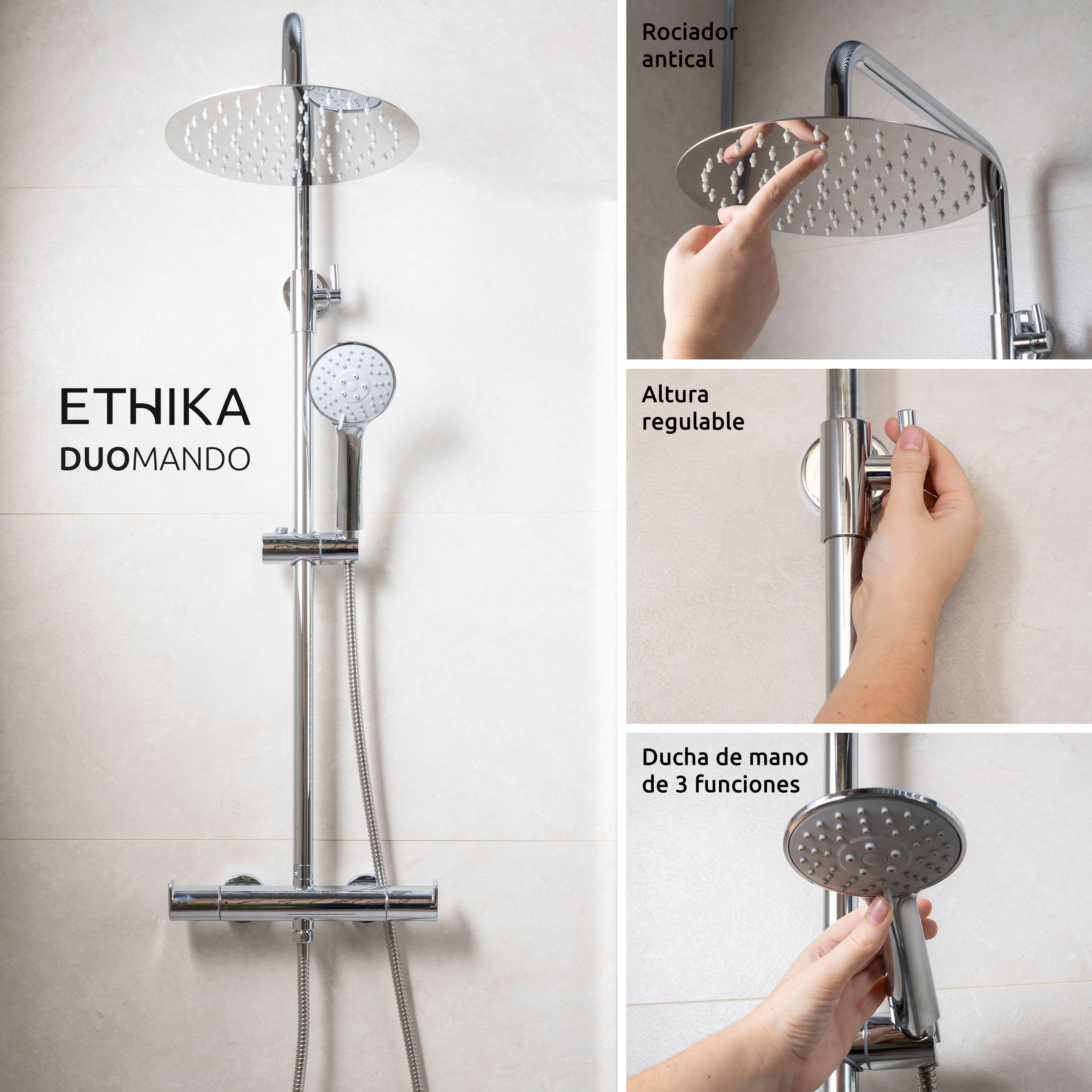 Columna de ducha con grifo Monomando STROHM TEKA Ethika Cromo Brillo Rociador 25 Redondo extraplano Barra extensible Sistema antical Con ahorro de agua - 5