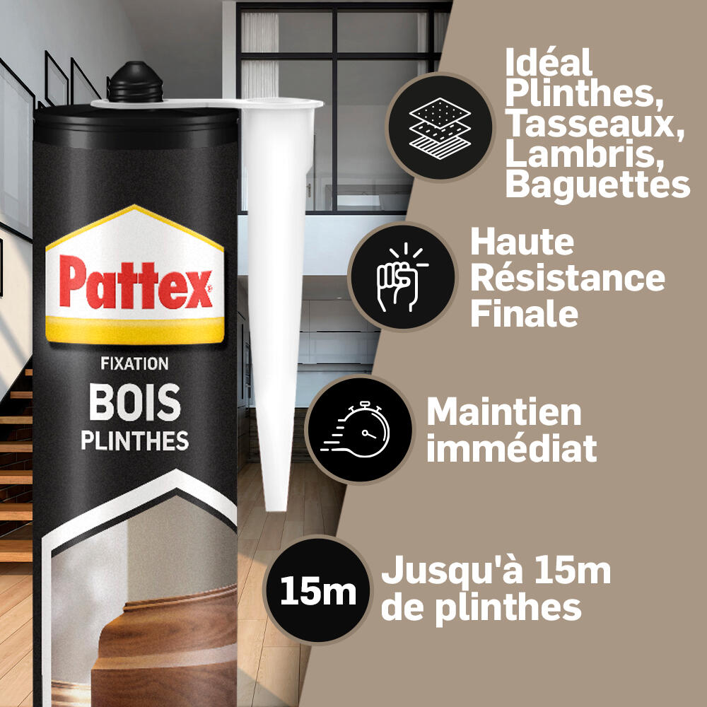 Colle de fixation liquide acrylique PATTEX Bois plinthes blanc, 380g - 2
