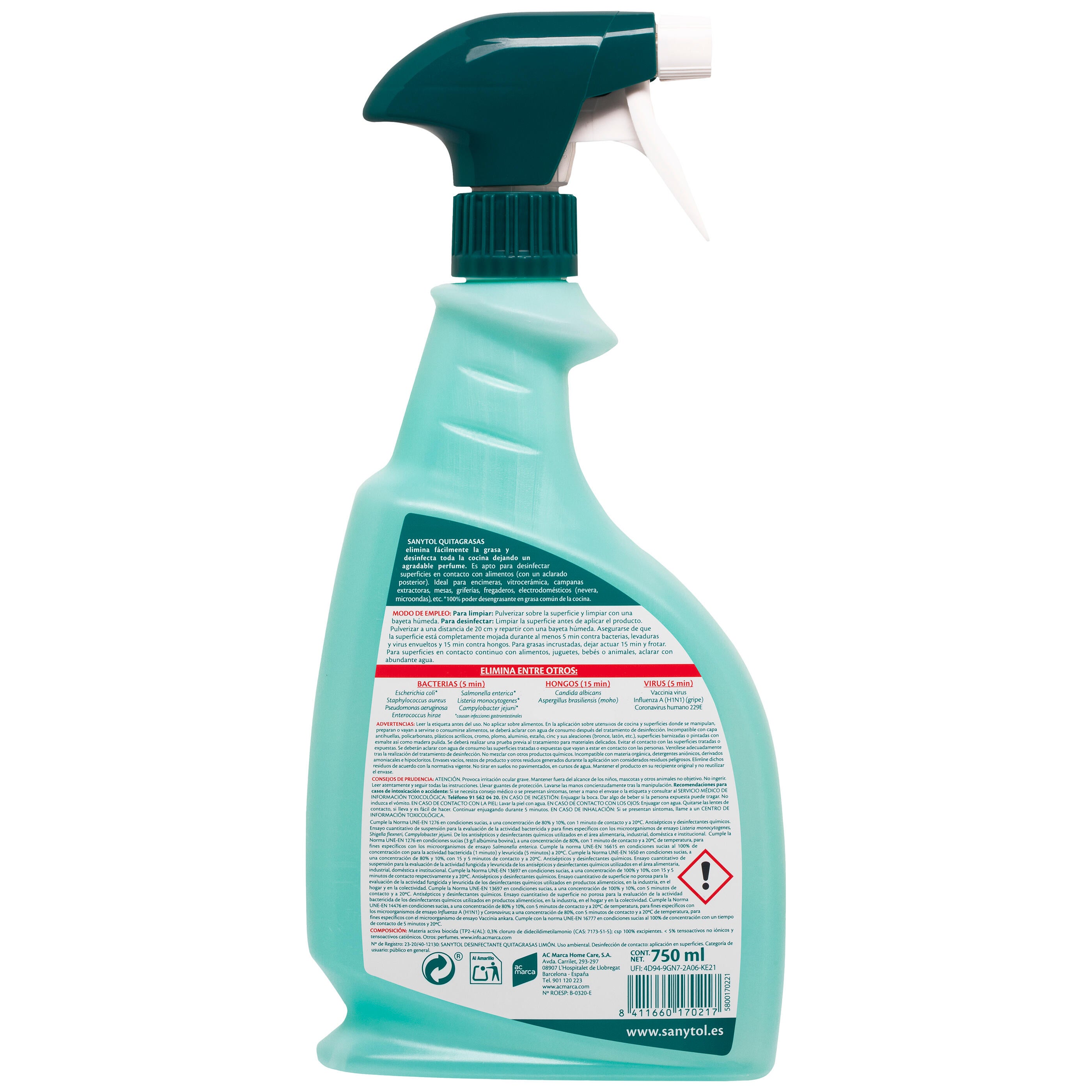 Limpiador de cocina para desinfectar, desengrasar perfume limón SANYTOL 750 ml para barbacoa, campana, fregadero, horno, vajilla - 3