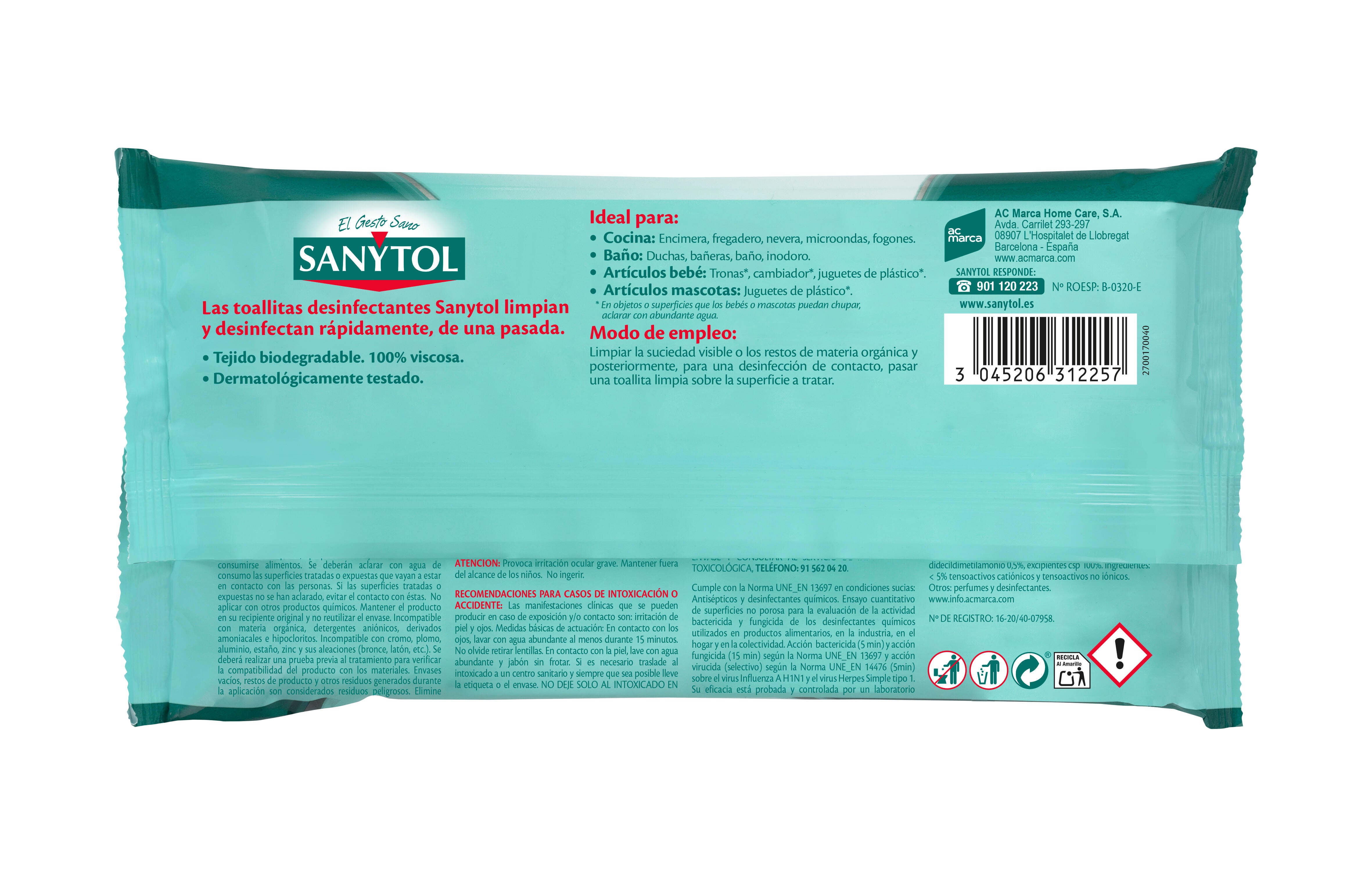 Paquete de 30 toallitas desinfectantes sin lejía sanytol