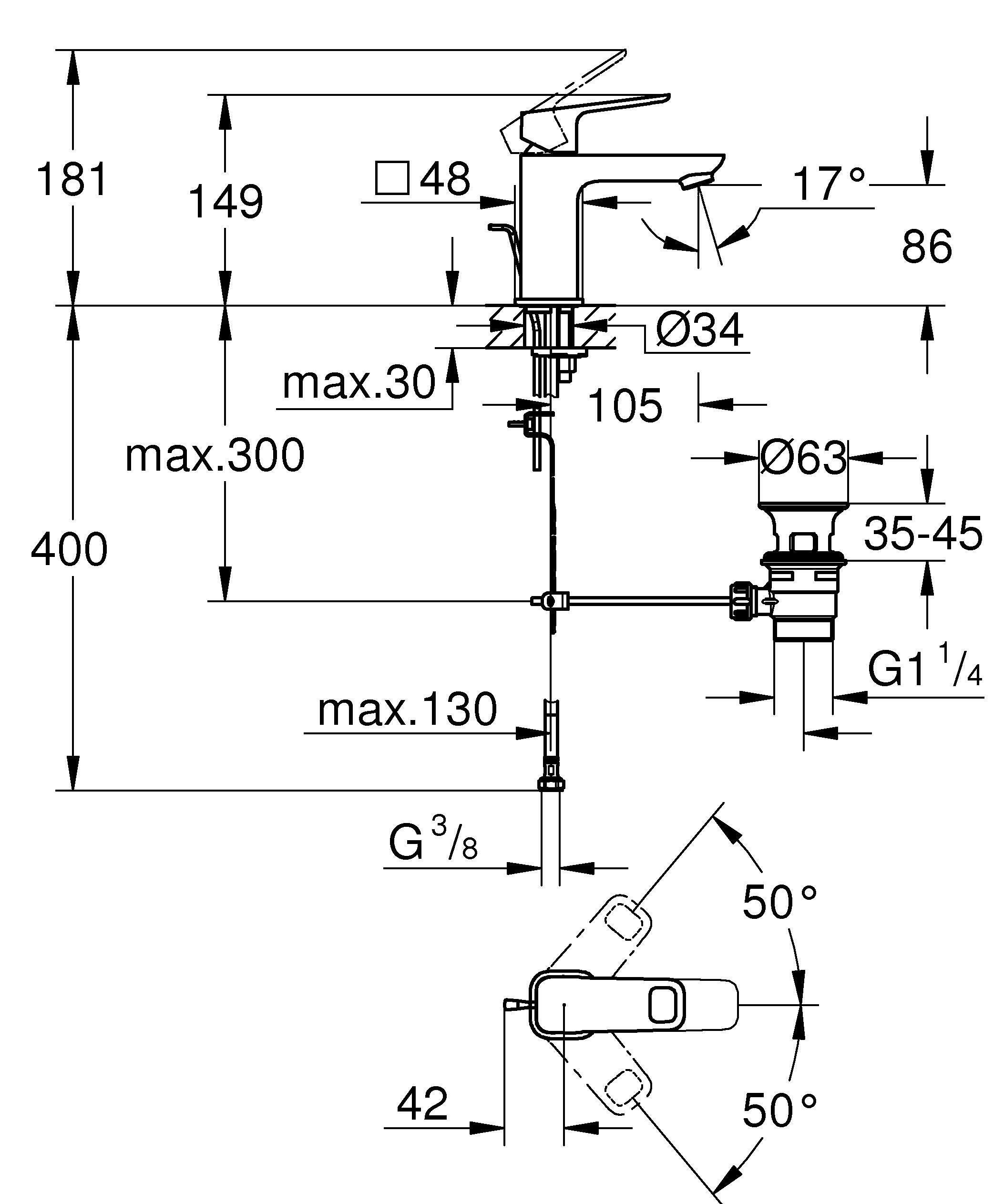 Grifo de lavabo GROHE Clova Pulse monomando cromo brillo. Antical. Latón - 17