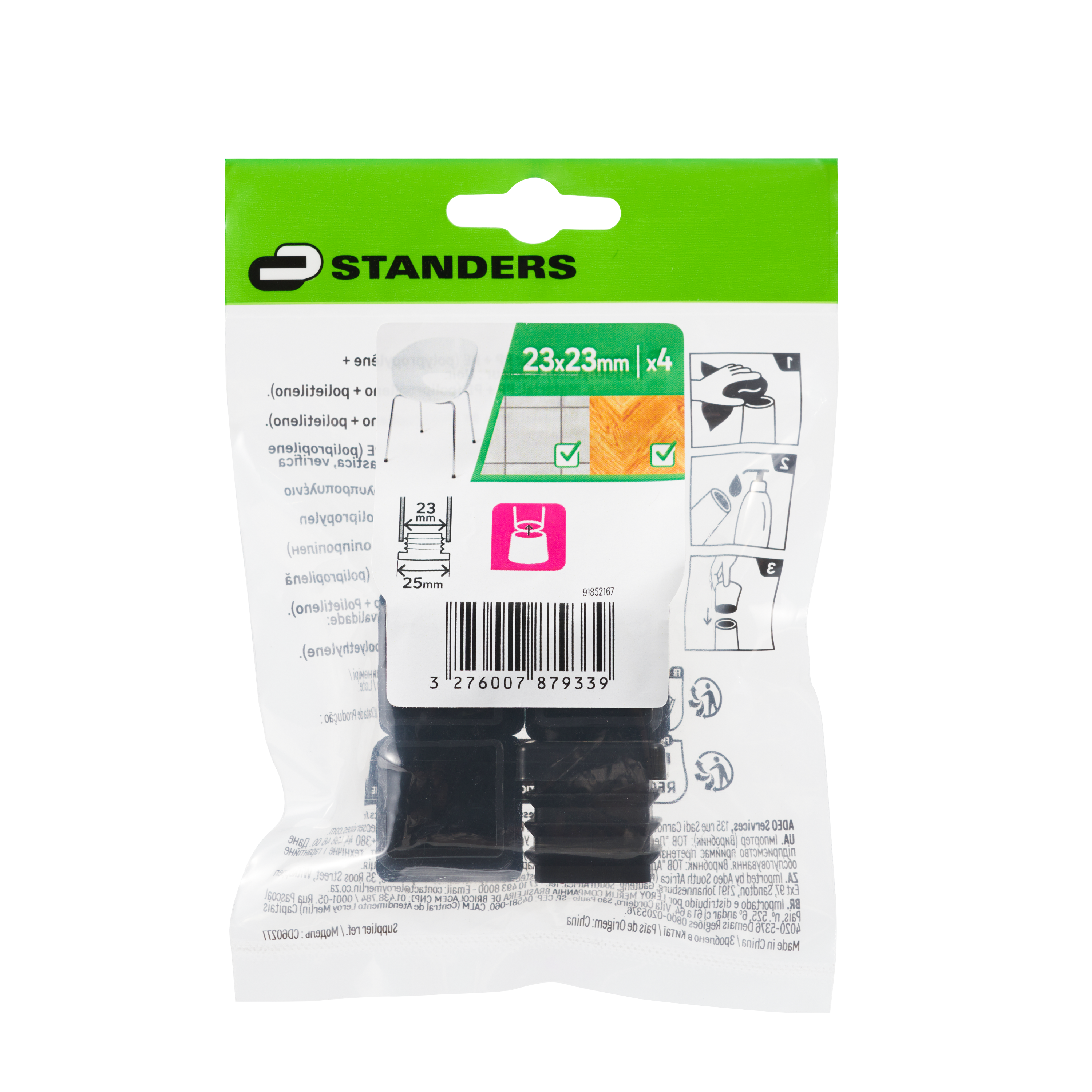 Nakładka ochronna na nogi meblowe wtykane 23x23 mm czarne 4 sztuki STANDERS