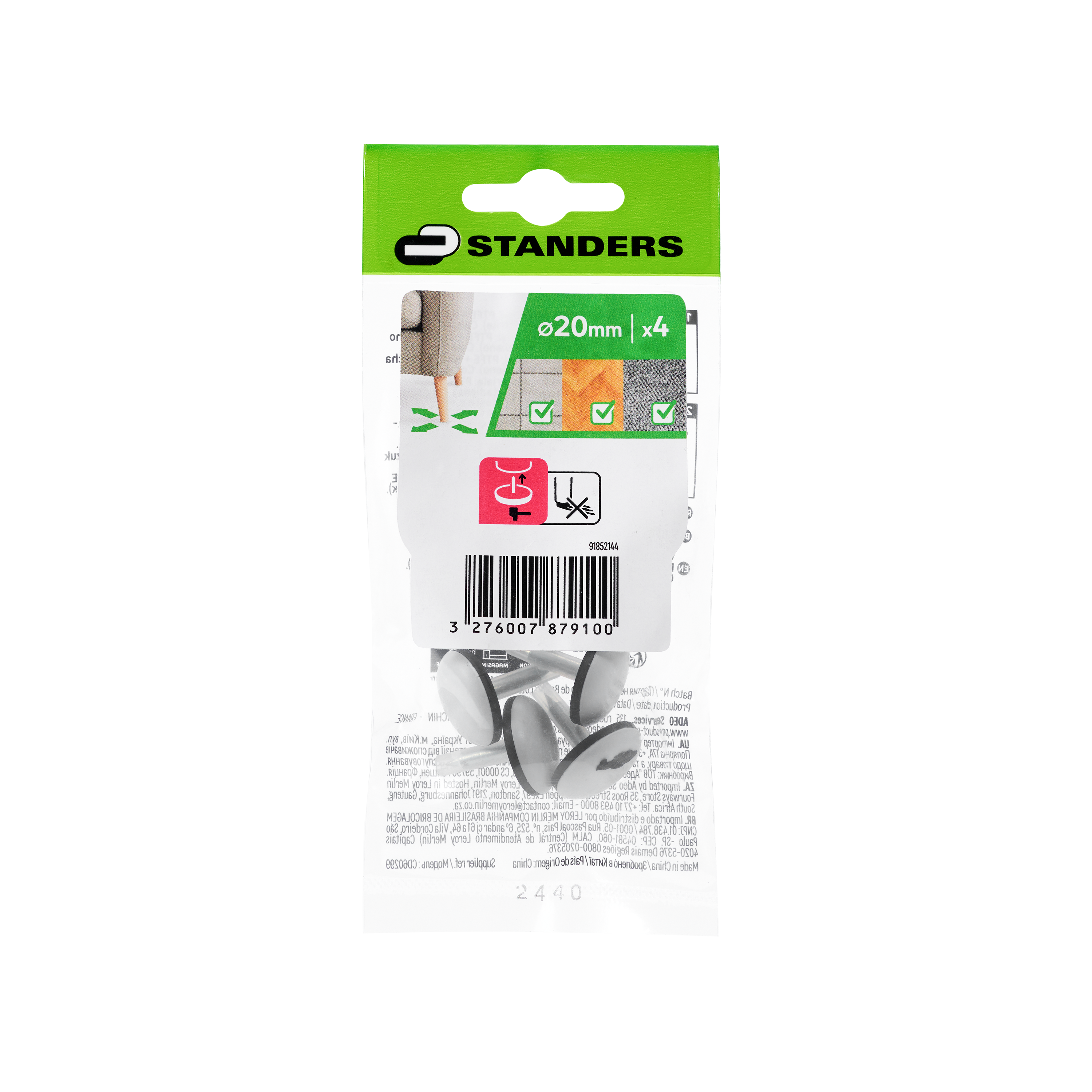 Podkładki pod meble wbijane 20x20 mm teflon PTFE szare 4 sztuki Standers