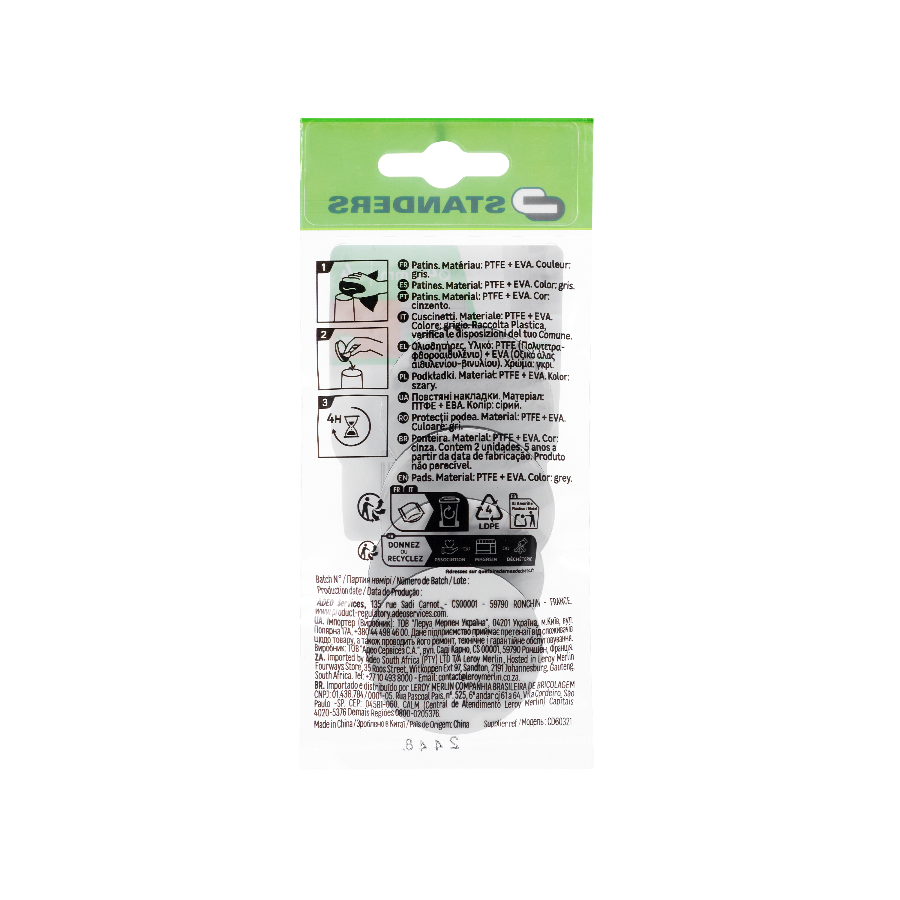 4 patins de pied de meuble en polytétrafluoroéthylène (ptfe teflon) adhésif STAN - 10