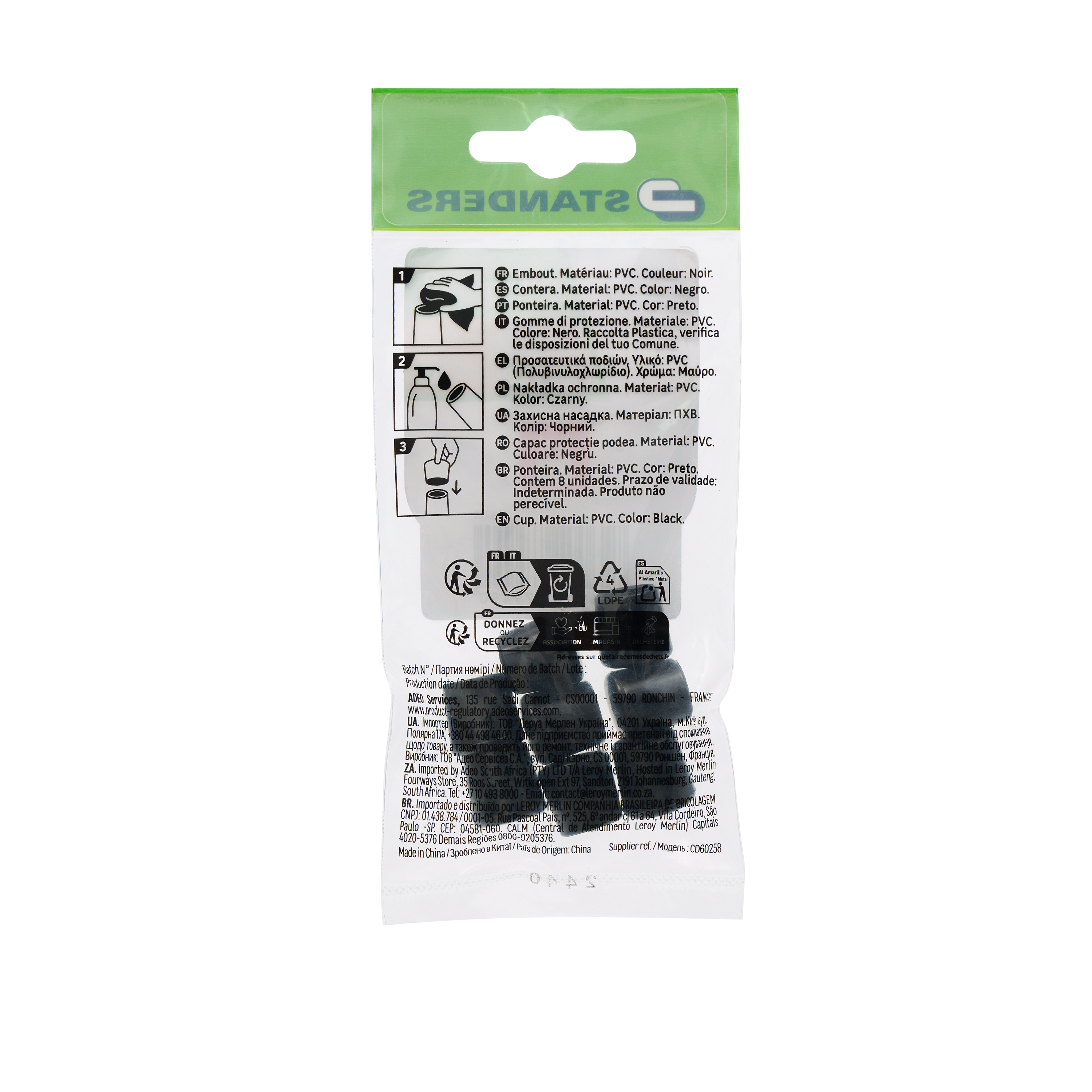 8 contera redondas STANDERS de pvc negro de ø 10 mm - 10