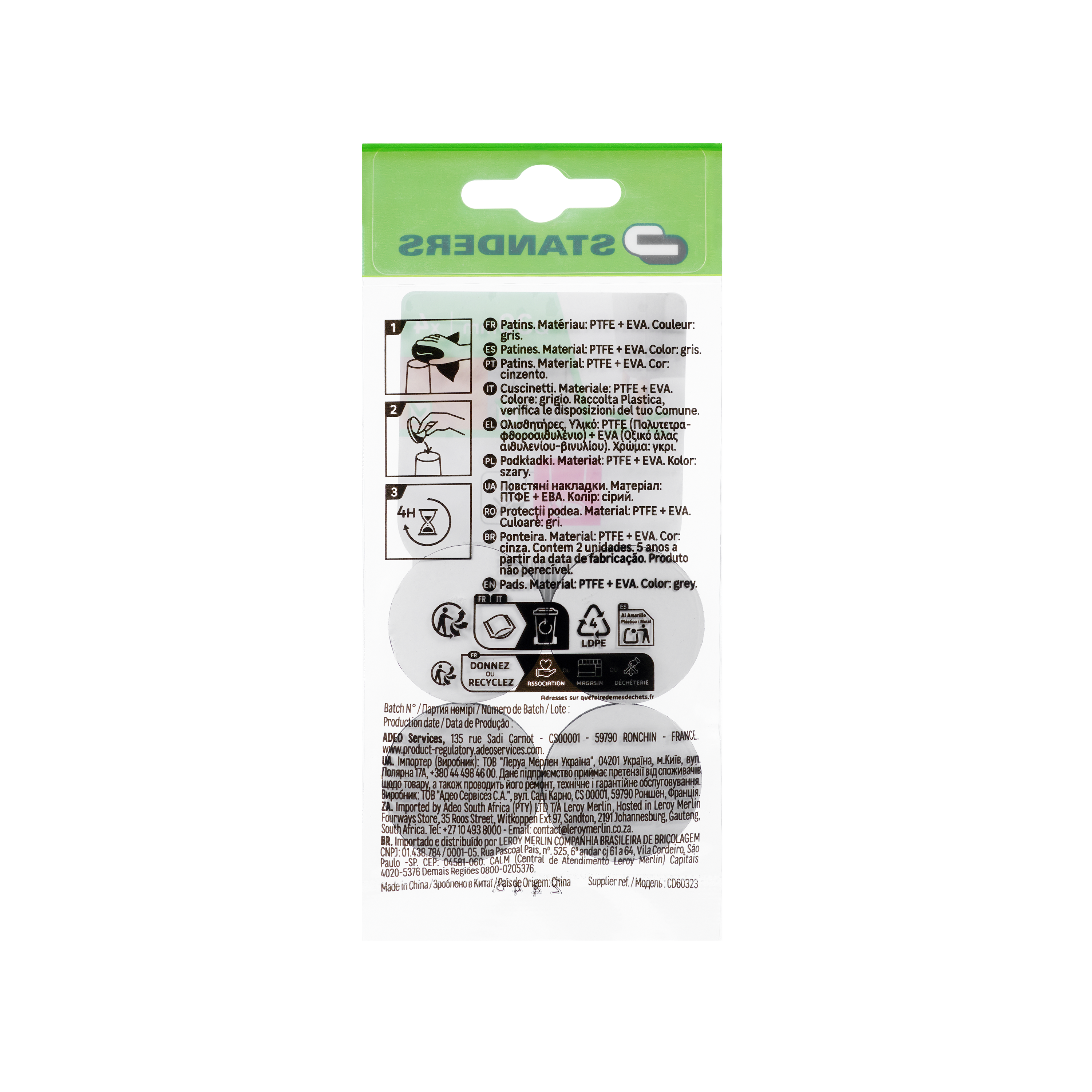 4 patín redondos adhesivo STANDERS de PTFE gris ø 30 mm - 10