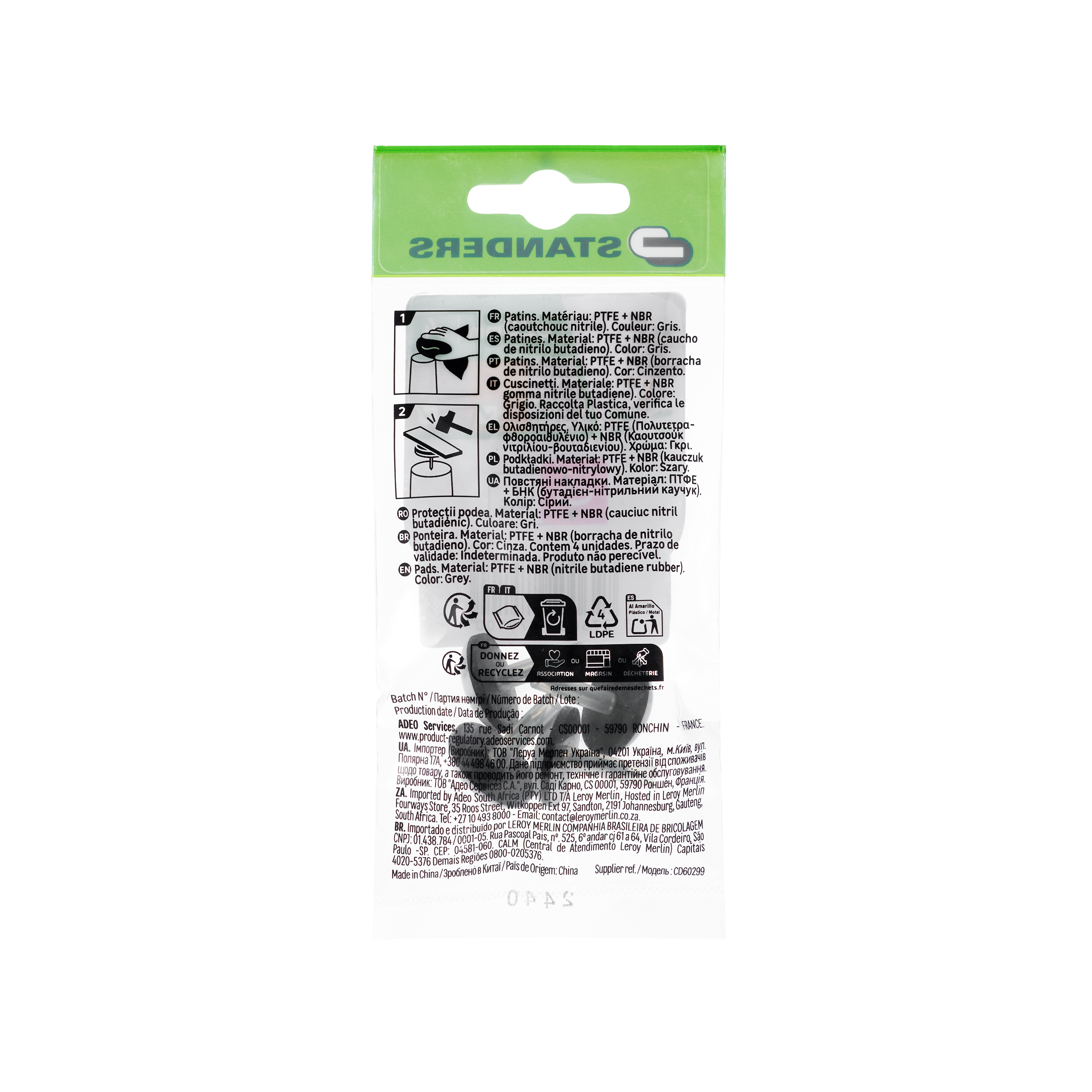 Podkładki pod meble wbijane 20x20 mm teflon PTFE szare 4 sztuki Standers - 14