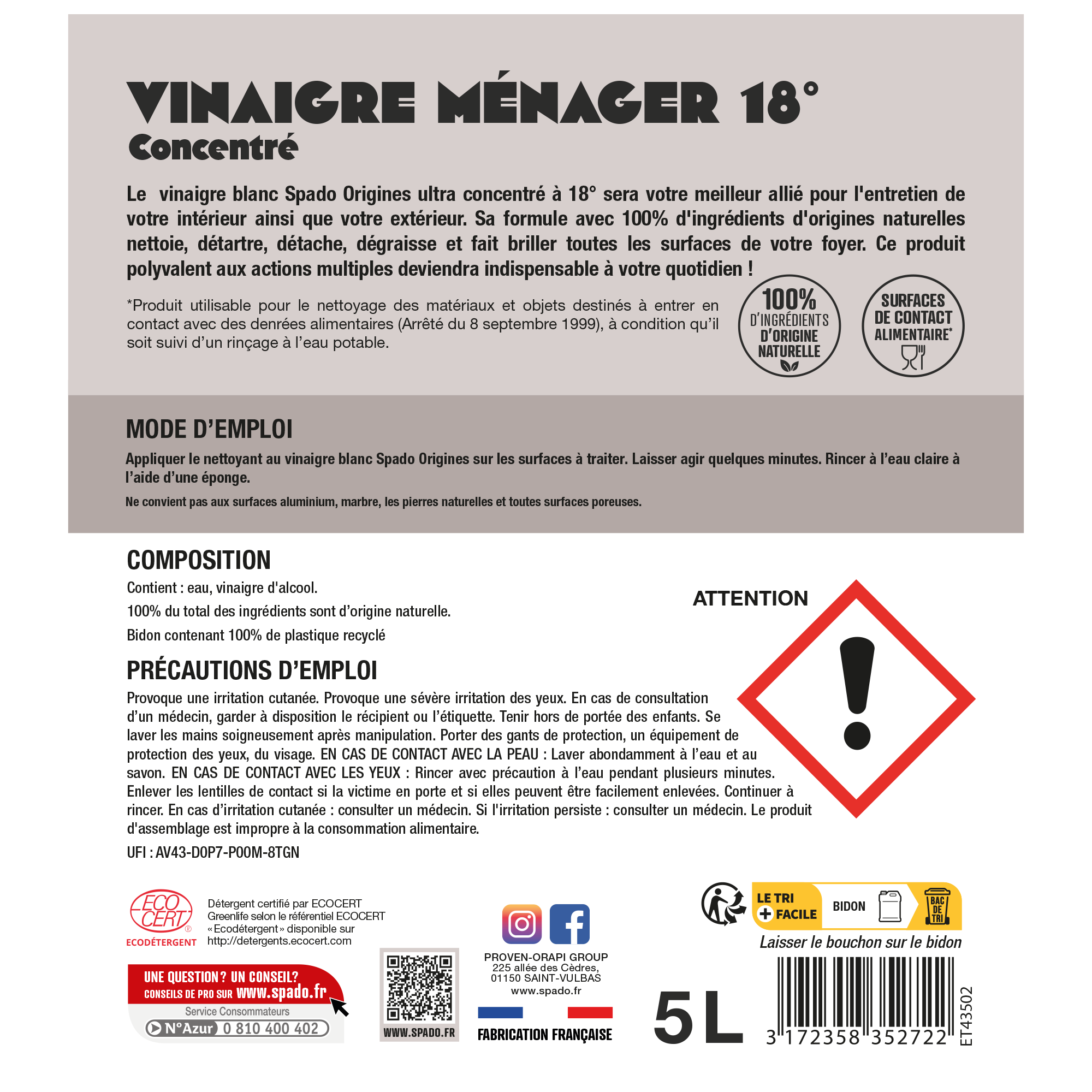 Vinaigre blanc ultra concentré 18° 5 L - SPADO - 5