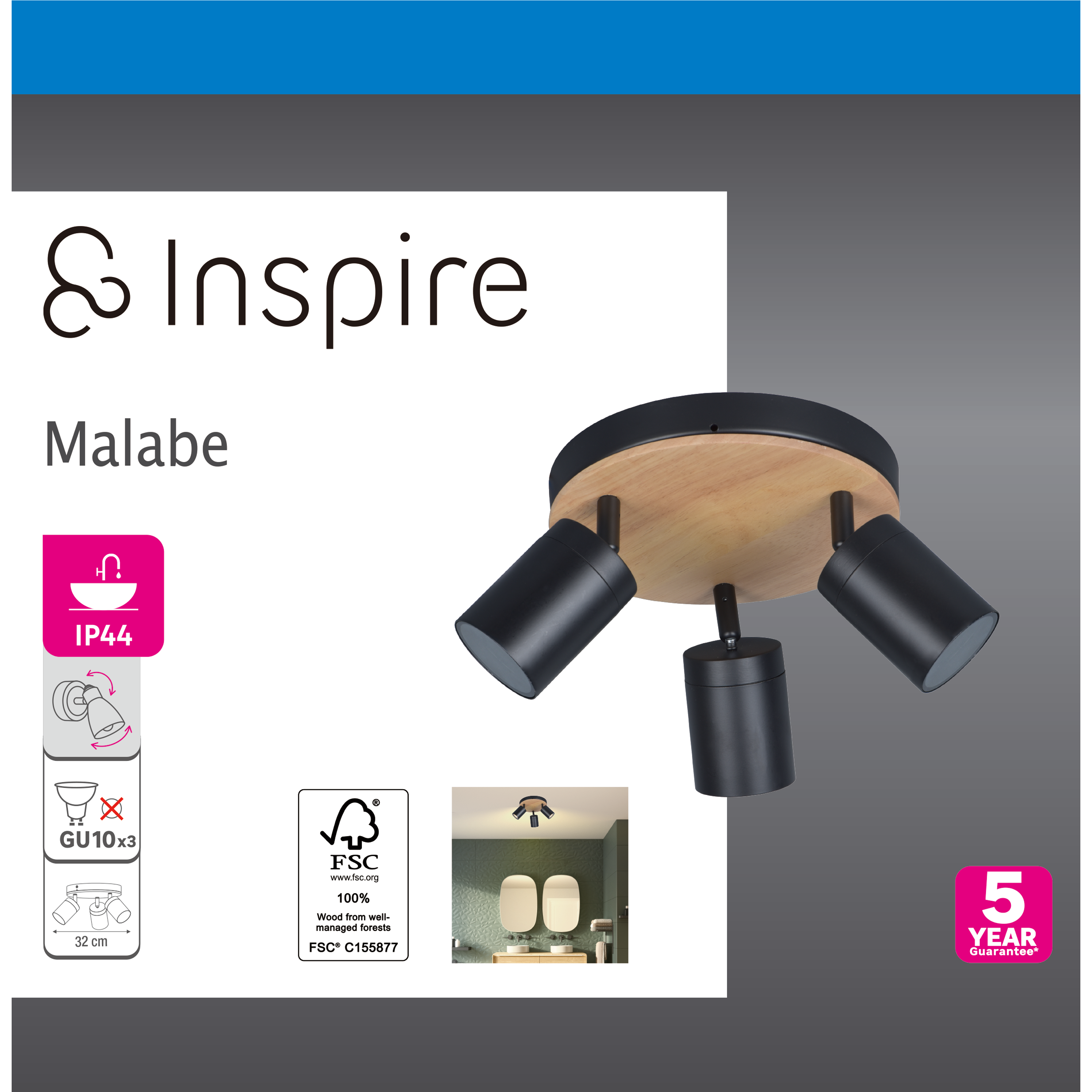Plafonnier 3 spots salle de bain Malabe GU10 max 10W, bois /métal noir,  INSPIRE - 3